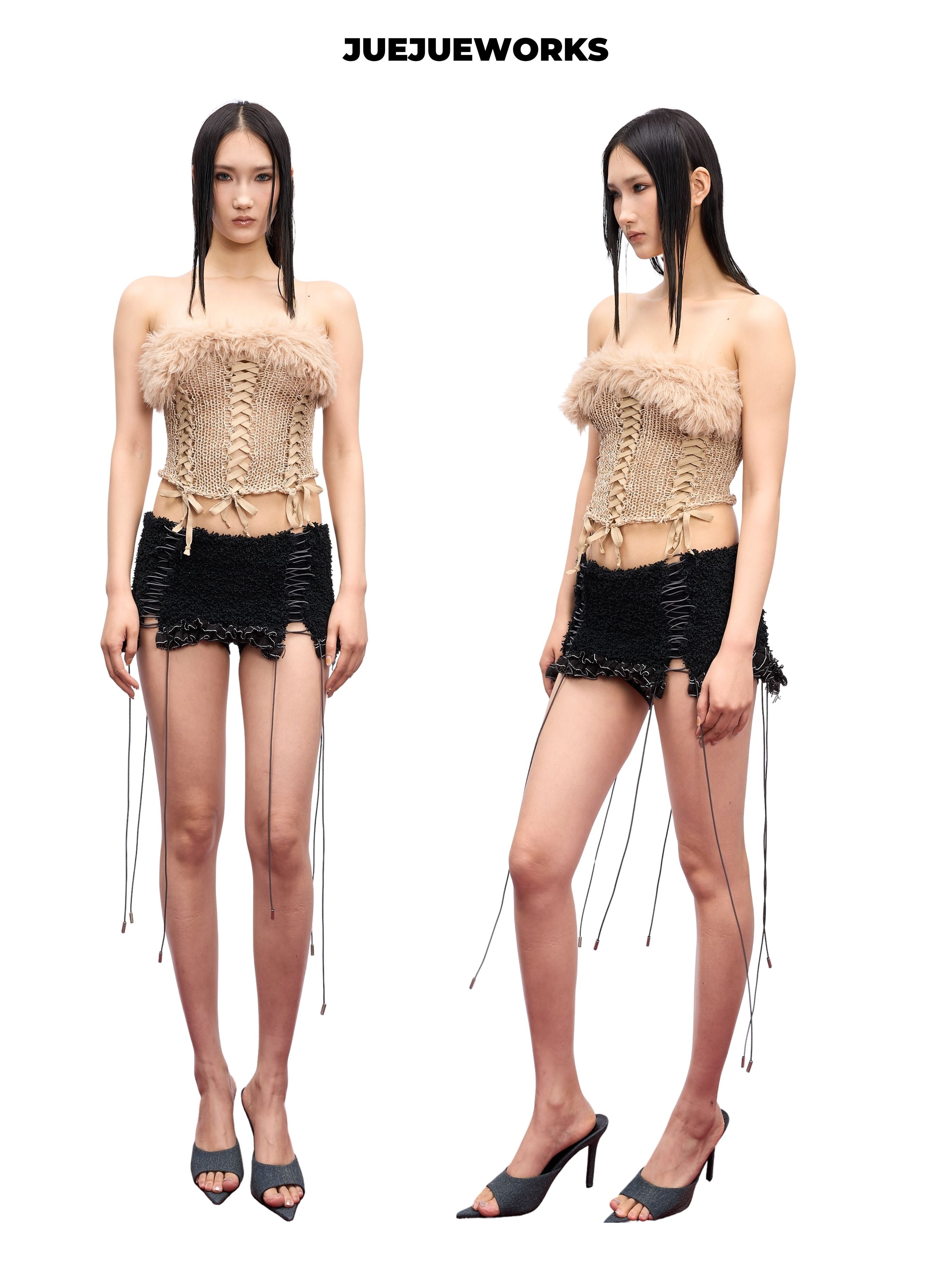 JUEJUEWORKS Alice Fuzzy Trim Lace-Up Knit Tube Top, Corset Hollow Out High Stretch Adjustable Handmade Yarn Knit Summer Corset Cami