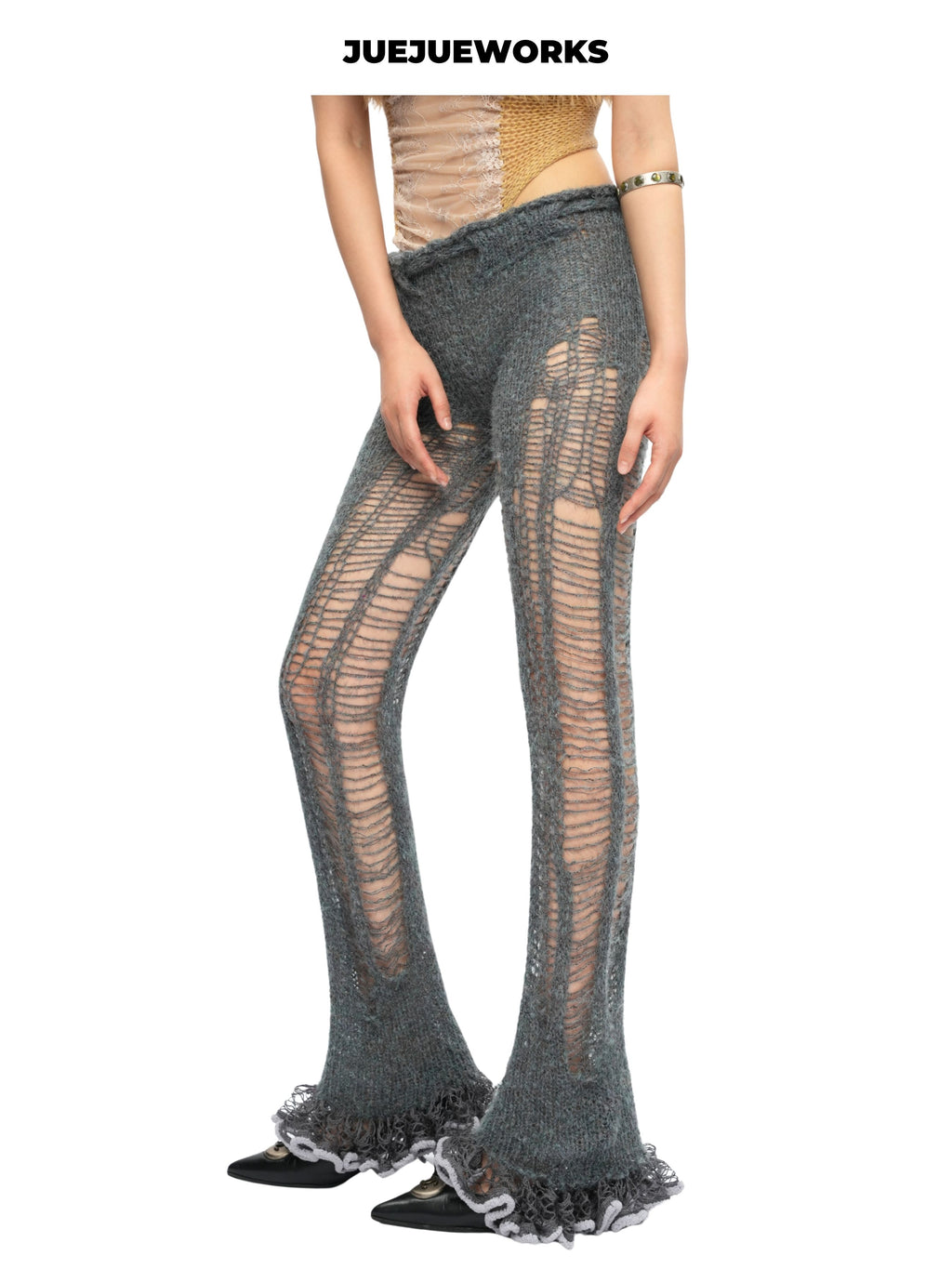 JUEJUEWORKS Grey Distressed Ripped Knit Pants, High Stretch Breathable Slim Fit, Handmade Yarn Knit