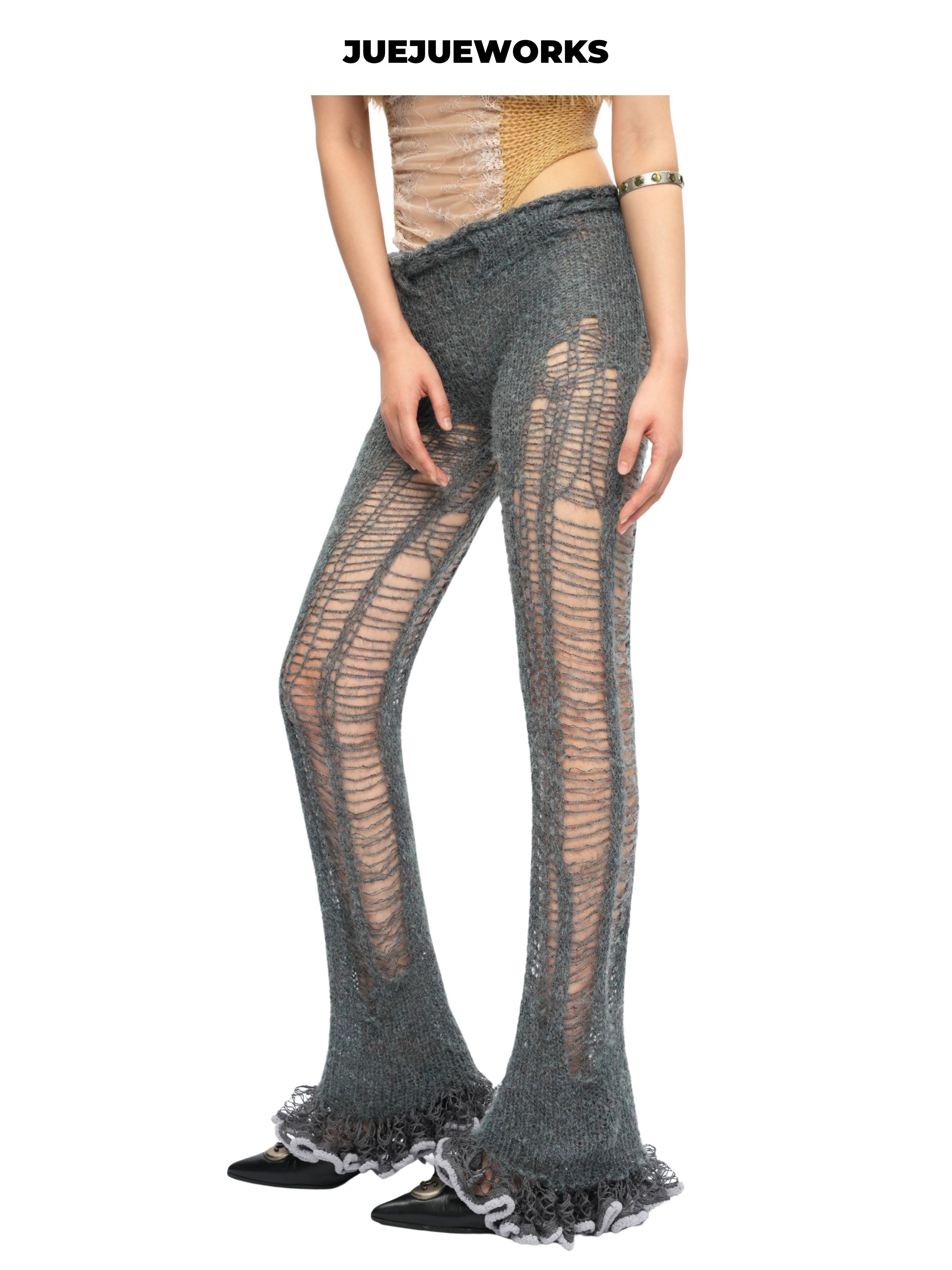 JUEJUEWORKS Grey Distressed Ripped Knit Pants, High Stretch Breathable Slim Fit, Handmade Yarn Knit