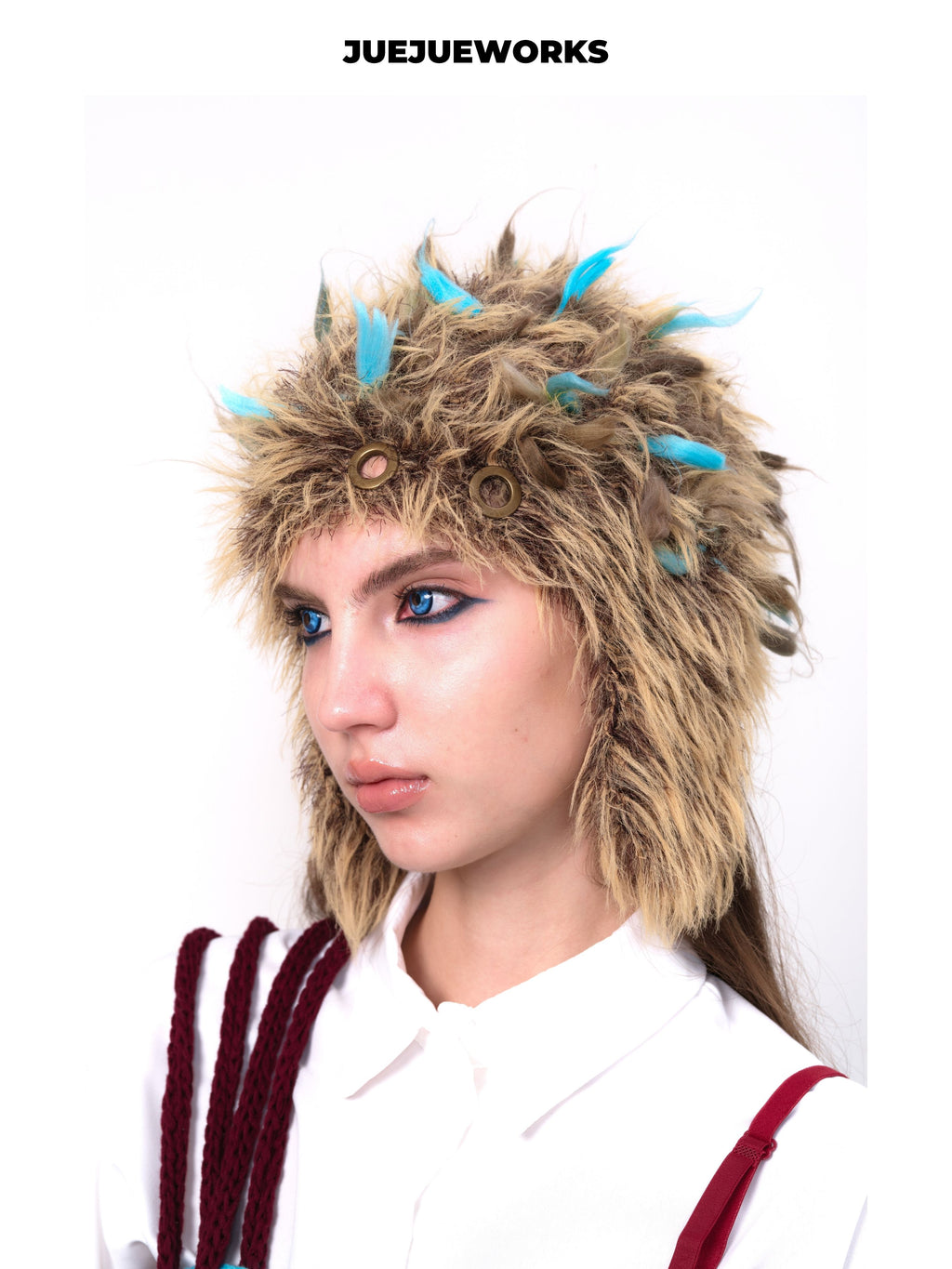 JUEJUEWORKS Brown Fluffy Ear Hat, Stylish Fuzzy Warm Earflap Hat, High-Stretch Handmade Yarn Knit