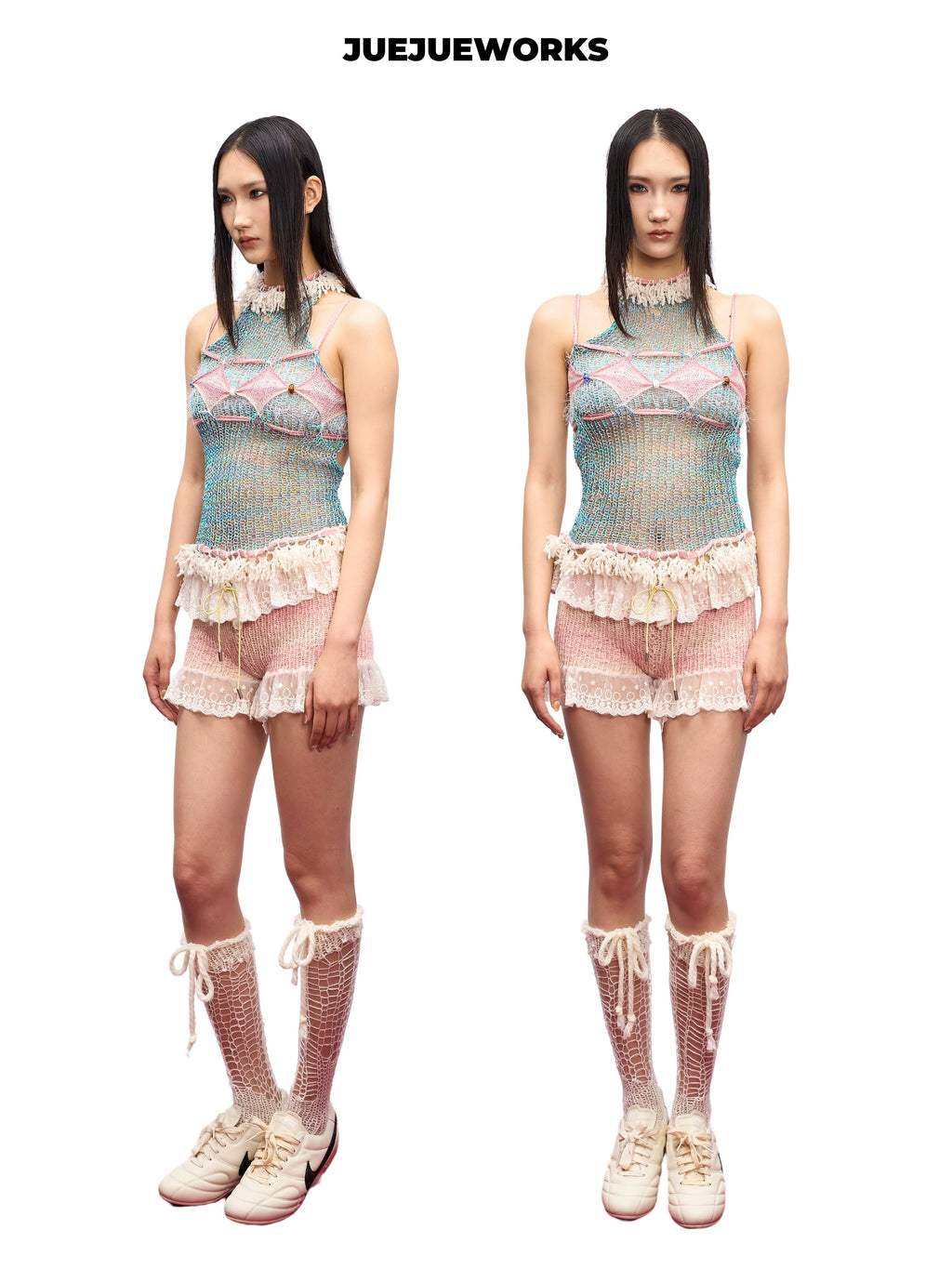 JUEJUEWORKS Sea Salt Mesh Knit Cami, Fringe Collar High Stretch Adjustable Handmade Yarn Knit Spring Top