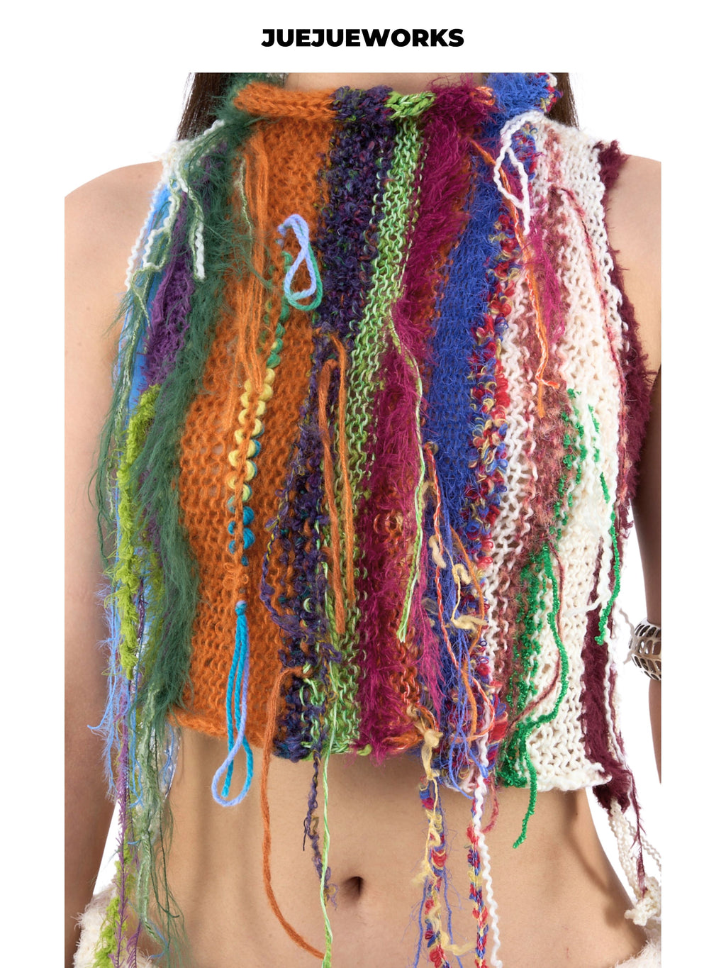 JUEJUEWORKS Multicolor Fringe Vest With Side Tie, High Stretch Breathable Slim Fit Handmade Yarn Knit