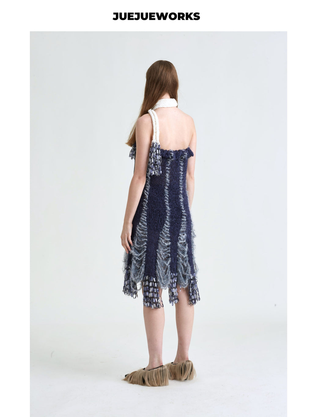 JUEJUEWORKS Dark Blue Frayed Fringe Knit Midi Skirt, Strapless Hollow Out Handmade Knit Body Skirt