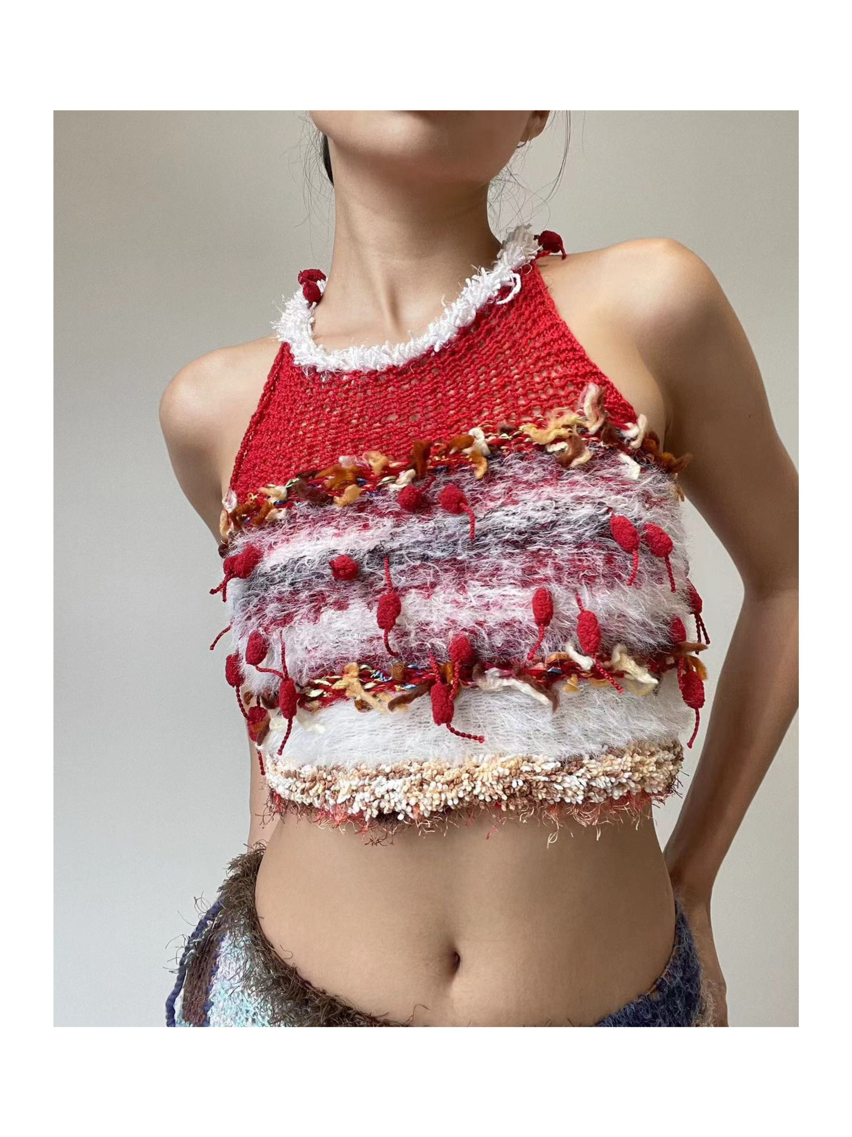 JUEJUEWORKS Tanghulu Fuzzy Collar Knit Tank Top, Patchwork Fringed Cropped Handmade Knit Cami