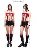 JUEJUEWORKS Alice Red Fuzzy Trim Lace-Up Corset Knit Tube Top, Hollow Out High Stretch Adjustable Handmade Yarn Knit Summer Corset Cami