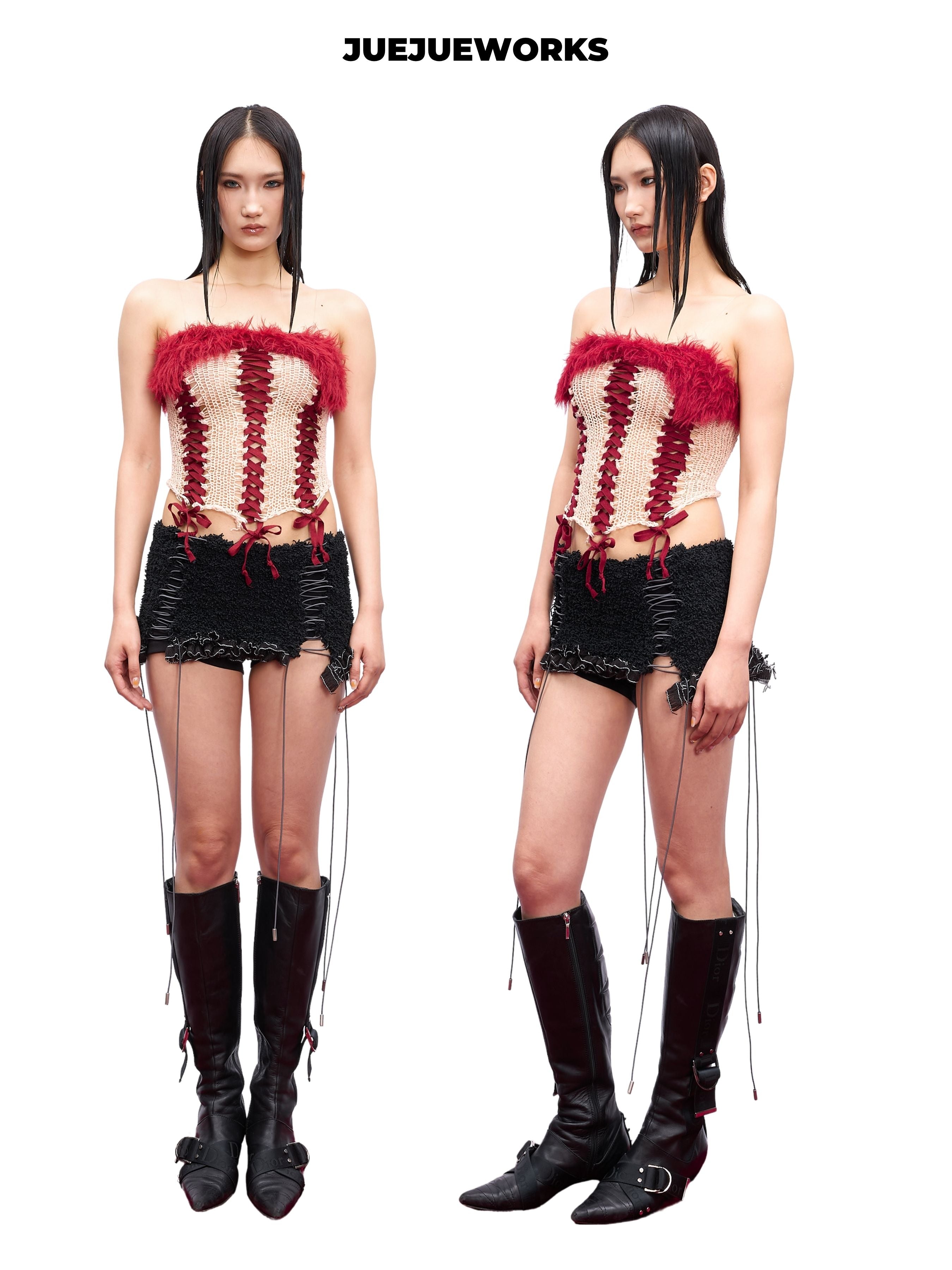 JUEJUEWORKS Alice Red Fuzzy Trim Lace-Up Corset Knit Tube Top, Hollow Out High Stretch Adjustable Handmade Yarn Knit Summer Corset Cami
