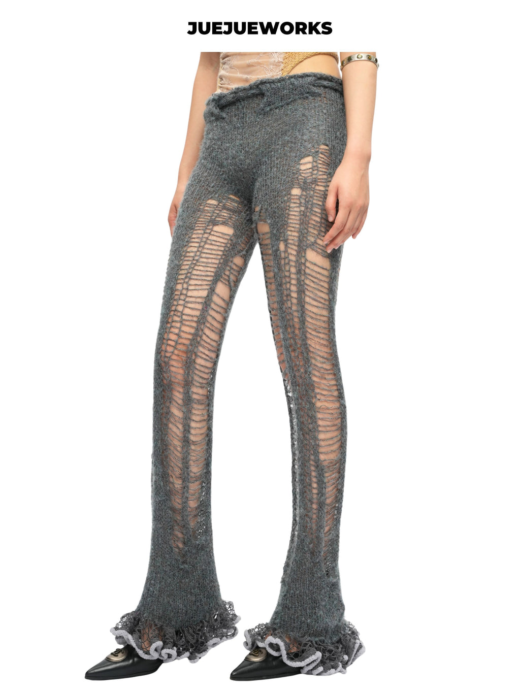 JUEJUEWORKS Grey Distressed Ripped Knit Pants, High Stretch Breathable Slim Fit, Handmade Yarn Knit