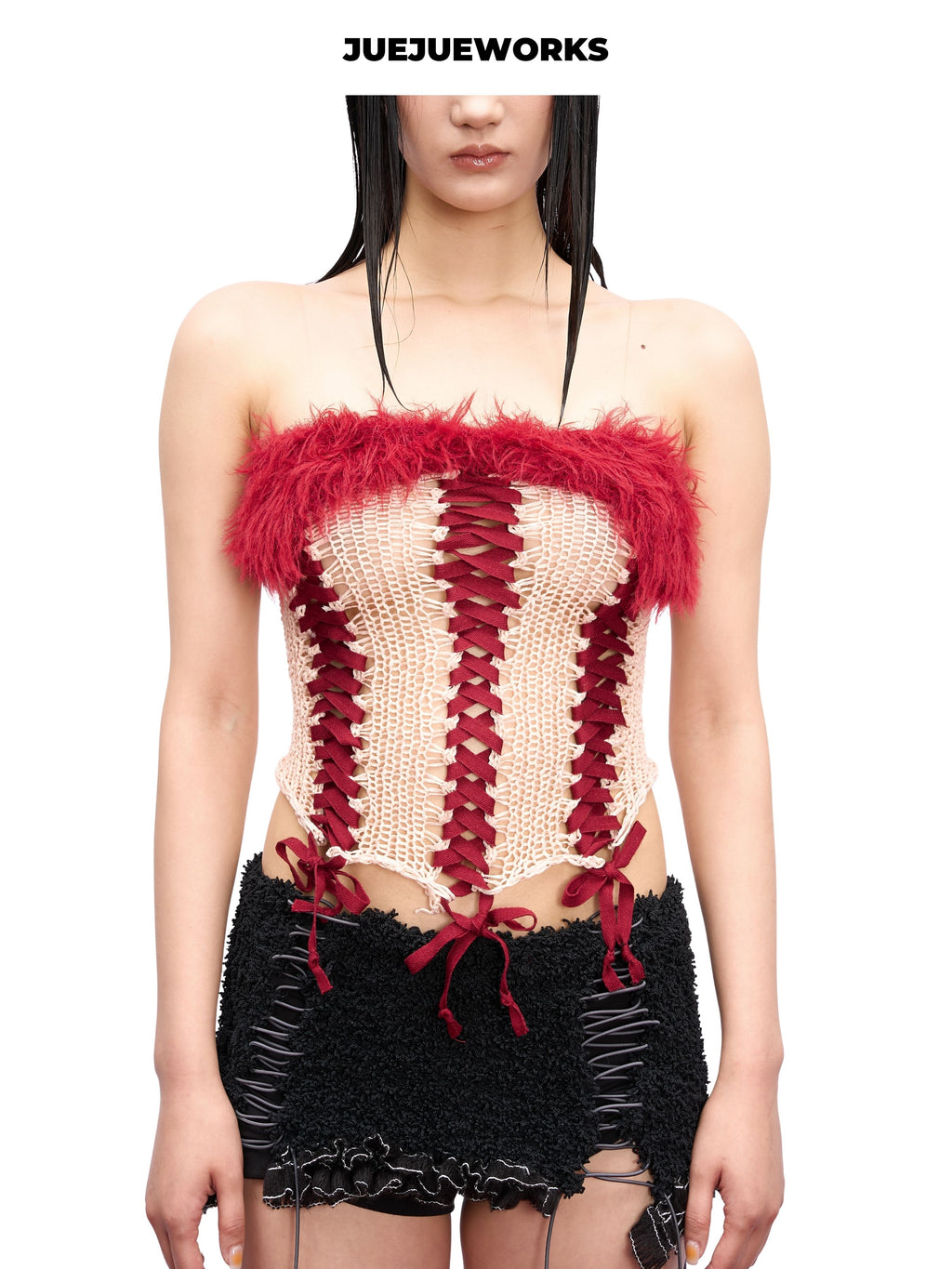 JUEJUEWORKS Alice Red Fuzzy Trim Lace-Up Corset Knit Tube Top, Hollow Out High Stretch Adjustable Handmade Yarn Knit Summer Corset Cami