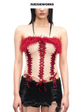 JUEJUEWORKS Alice Red Fuzzy Trim Lace-Up Corset Knit Tube Top, Hollow Out High Stretch Adjustable Handmade Yarn Knit Summer Corset Cami