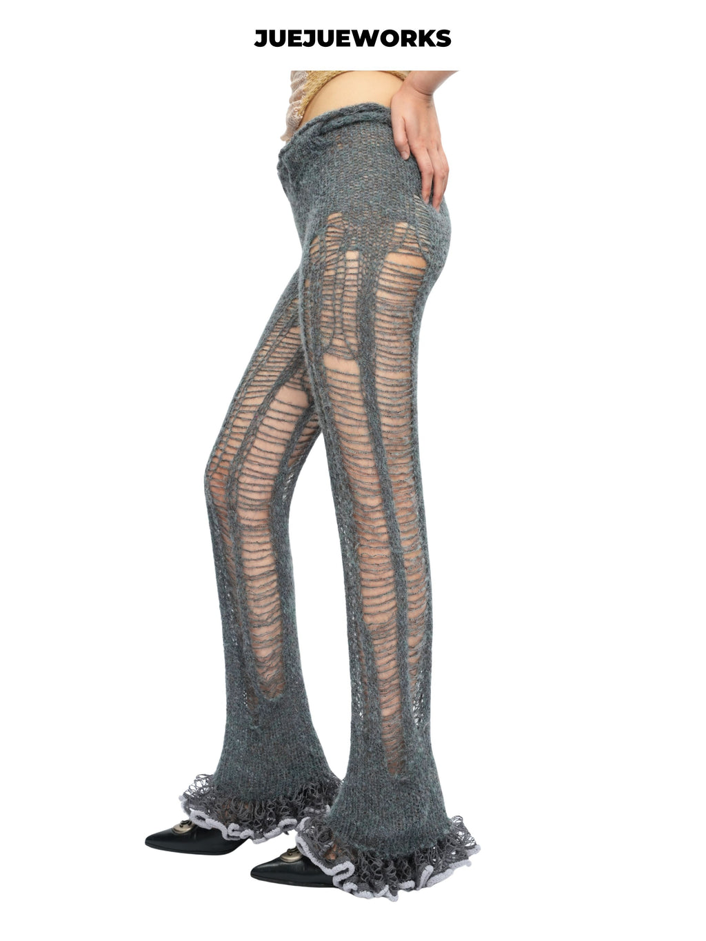 JUEJUEWORKS Grey Distressed Ripped Knit Pants, High Stretch Breathable Slim Fit, Handmade Yarn Knit