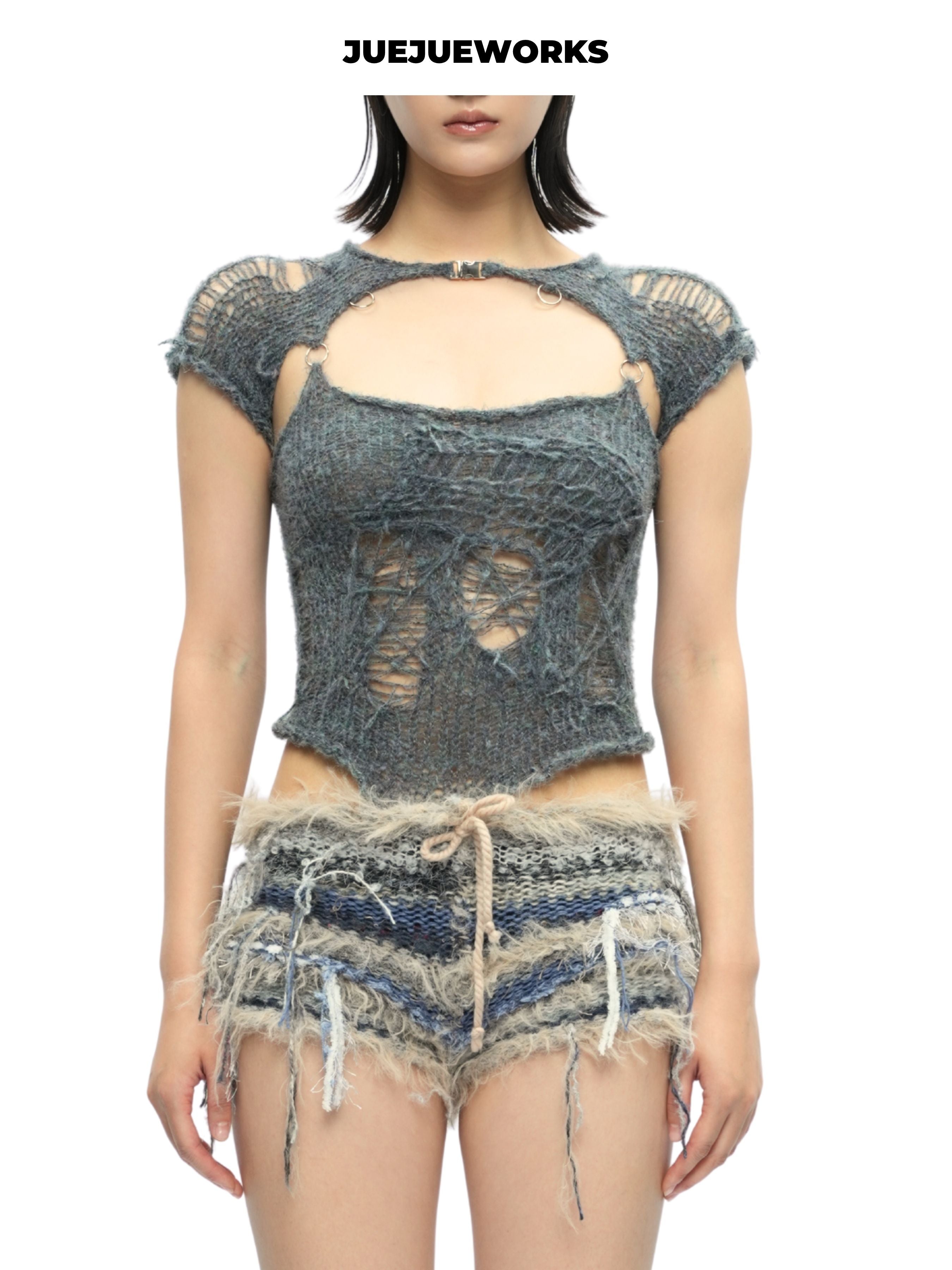 JUEJUEWORKS Grey Distressed Patchwork Cami Top, Summer High Stretch Adjustable Handmade Yarn Knit Camisole