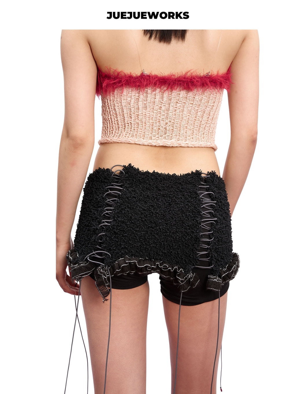 JUEJUEWORKS Alice Red Fuzzy Trim Lace-Up Corset Knit Tube Top, Hollow Out High Stretch Adjustable Handmade Yarn Knit Summer Corset Cami