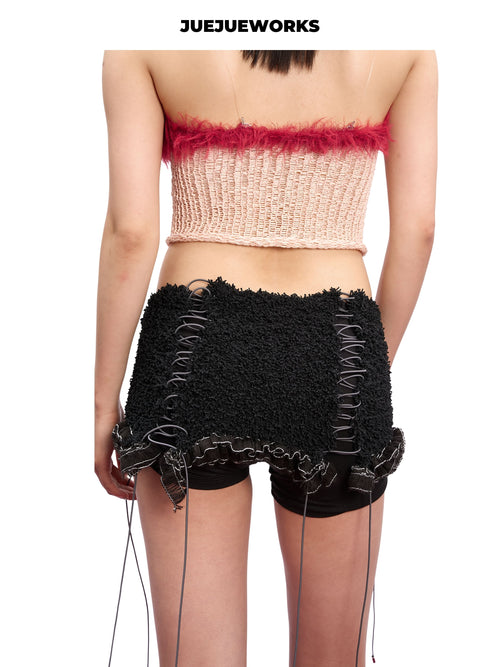 JUEJUEWORKS Alice Red Fuzzy Trim Lace-Up Corset Knit Tube Top, Hollow Out High Stretch Adjustable Handmade Yarn Knit Summer Corset Cami