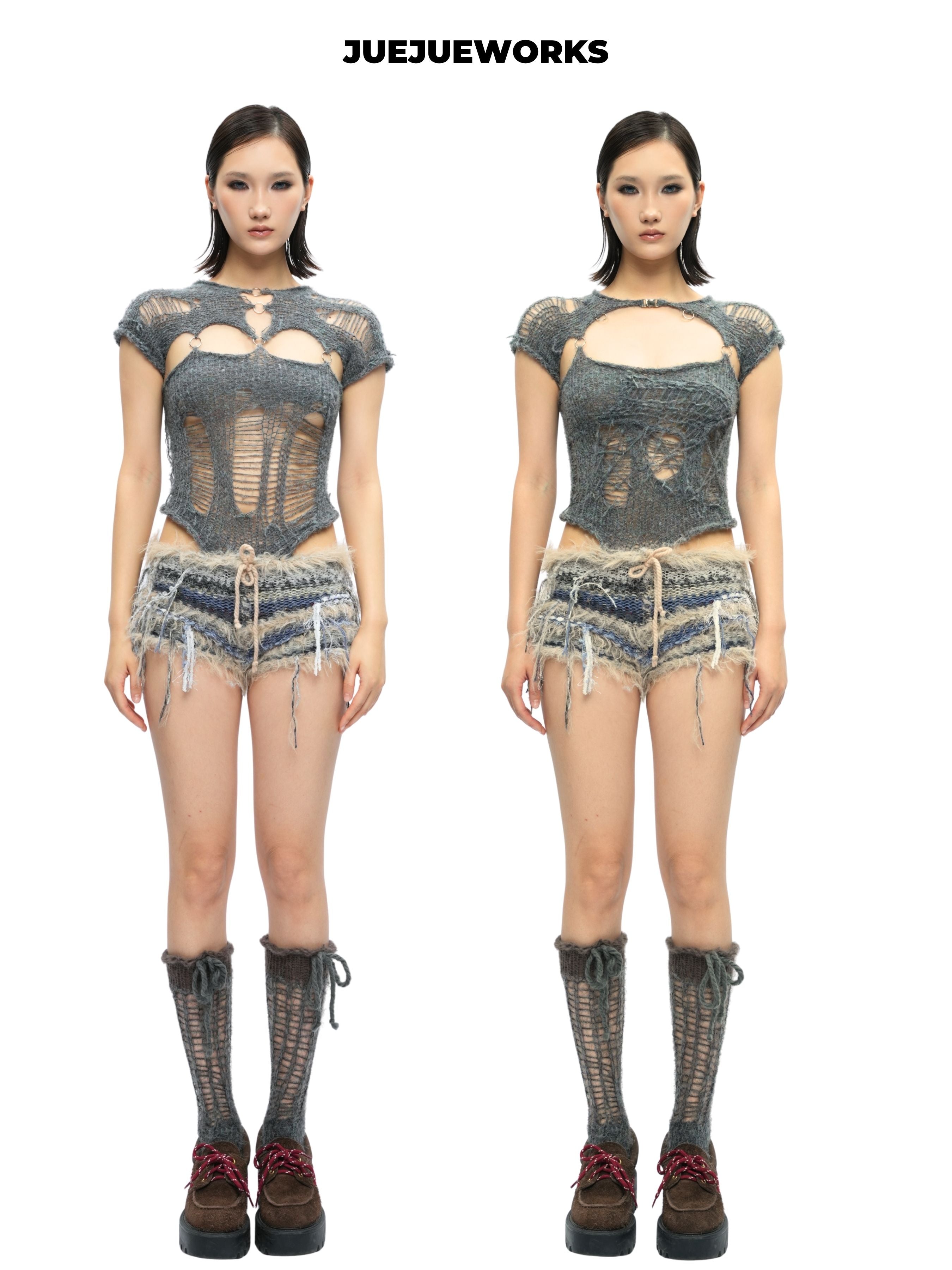 JUEJUEWORKS Grey Distressed Patchwork Cami Top, Summer High Stretch Adjustable Handmade Yarn Knit Camisole