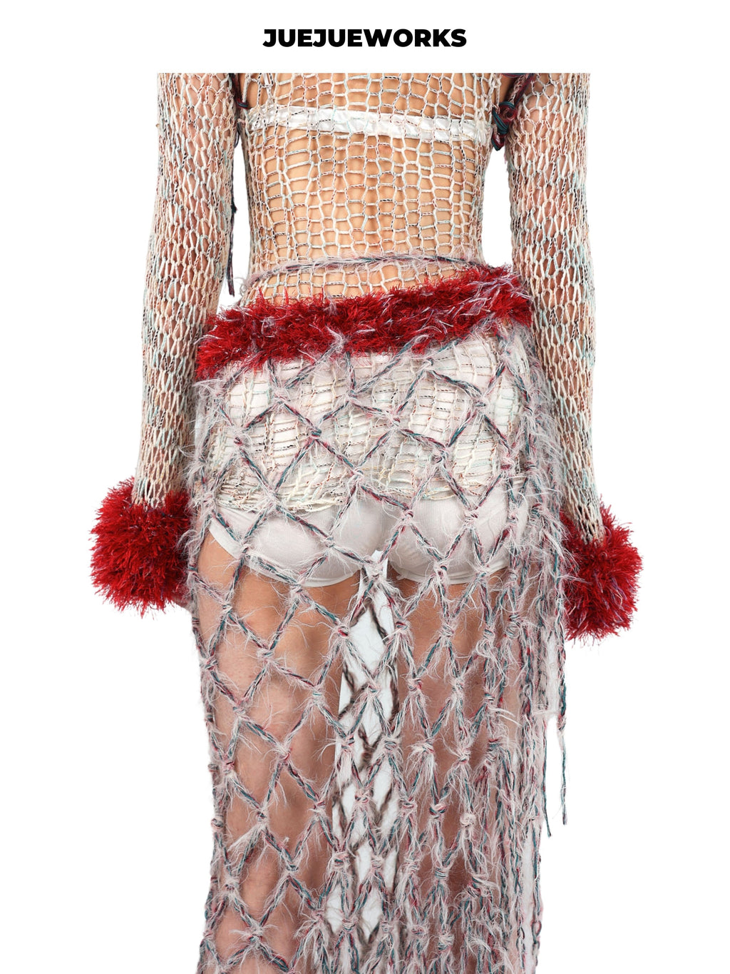 JUEJUEWORKS Original Red Mesh Knit Skirt, Pure Handmade Yarn Skirt for Spring Summer