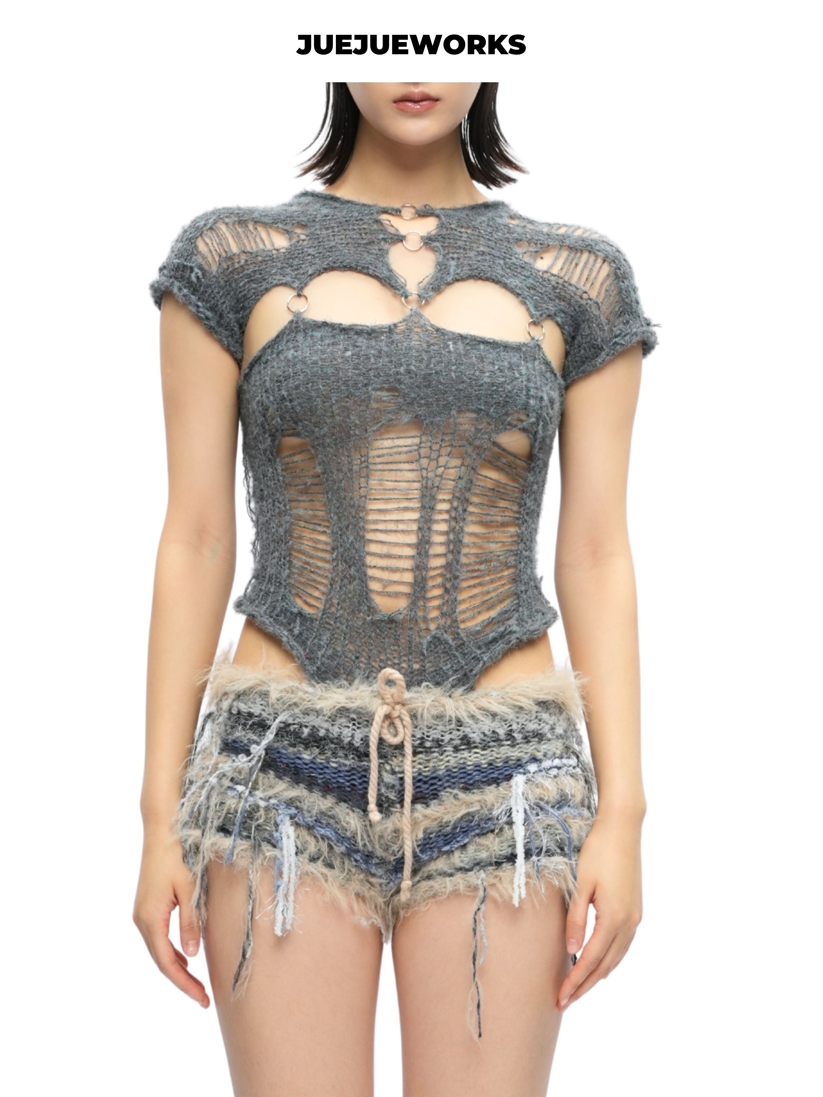 JUEJUEWORKS Grey Distressed Patchwork Cami Top, Summer High Stretch Adjustable Handmade Yarn Knit Camisole