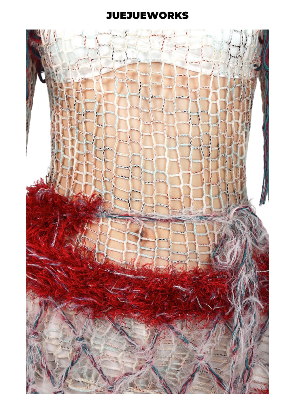JUEJUEWORKS Original Red Mesh Knit Skirt, Pure Handmade Yarn Skirt for Spring Summer