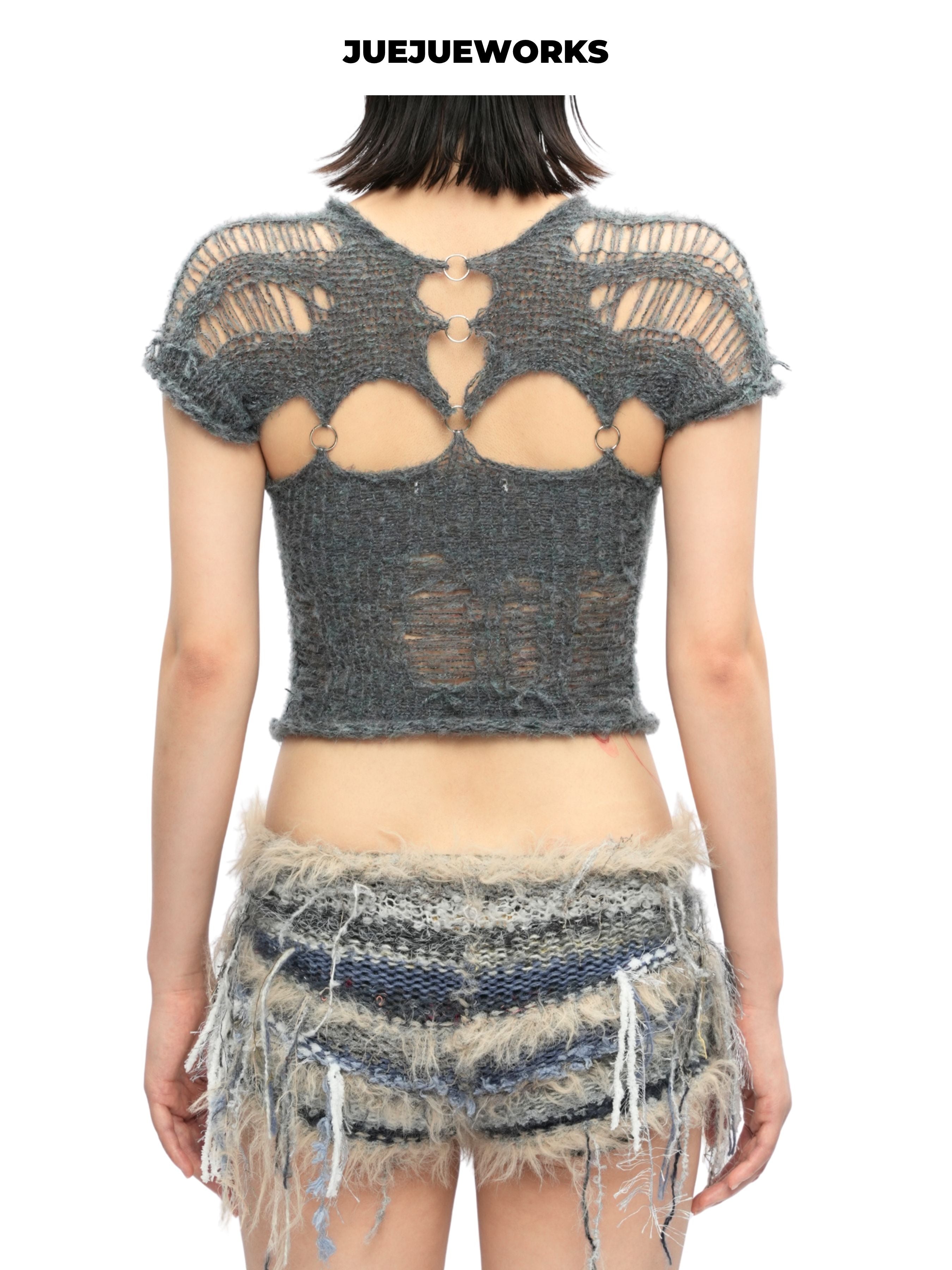 JUEJUEWORKS Grey Distressed Patchwork Cami Top, Summer High Stretch Adjustable Handmade Yarn Knit Camisole