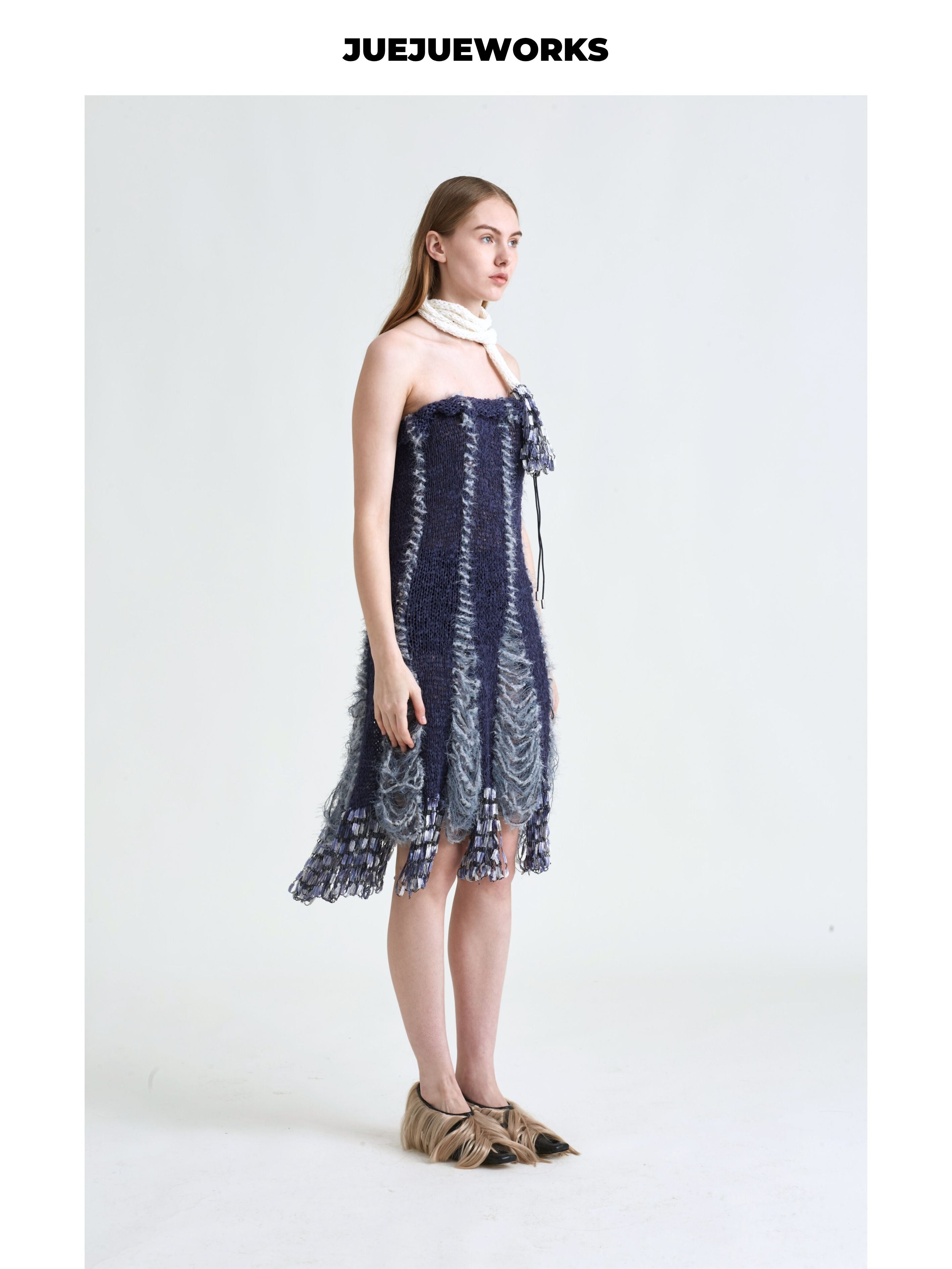JUEJUEWORKS Dark Blue Frayed Fringe Knit Midi Skirt, Strapless Hollow Out Handmade Knit Body Skirt