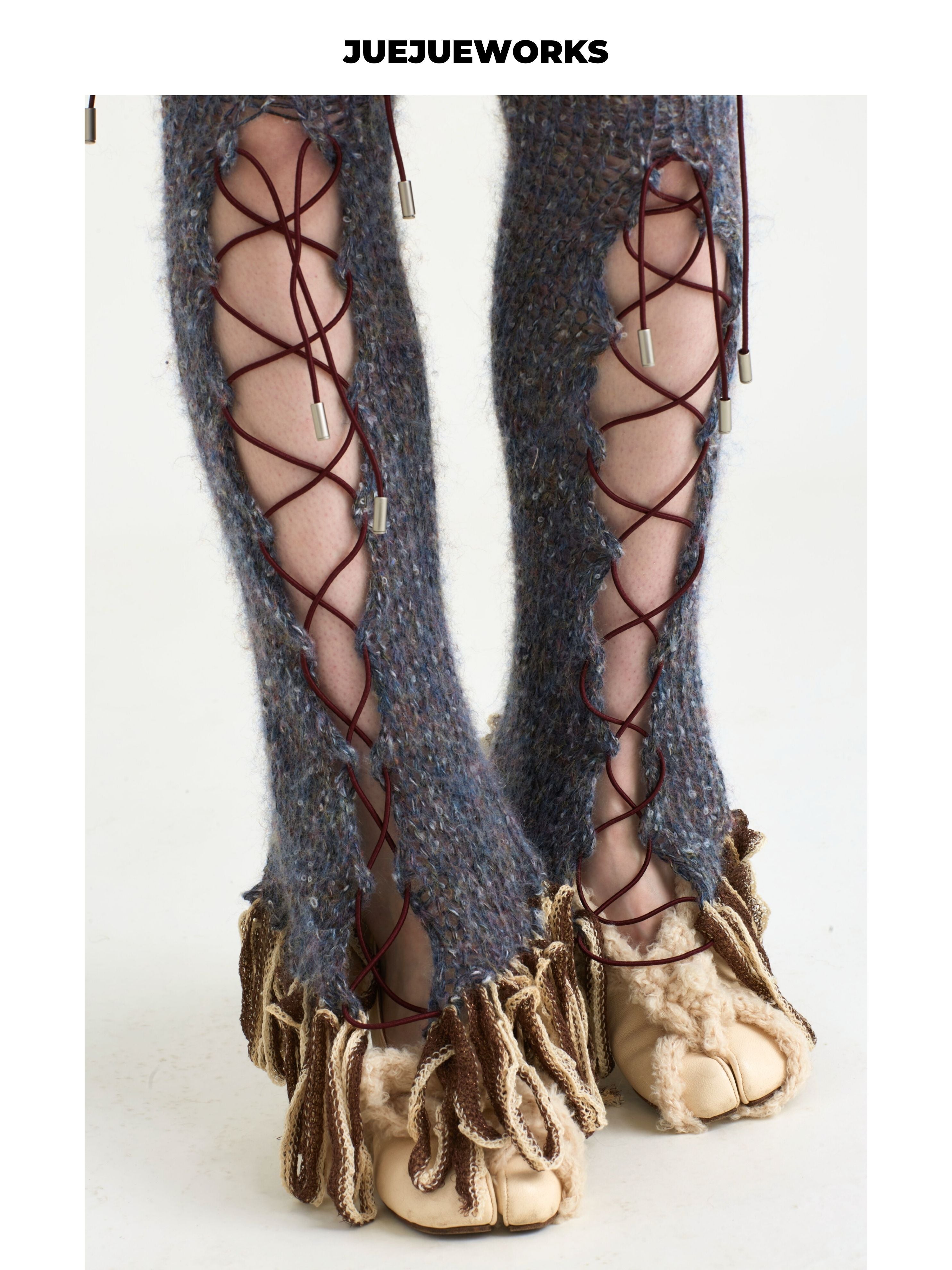 JUEJUEWORKS Crisscross Lace-Up Adjustable Cutout Knit Leg Warmers, Original Handmade Distressed Yarn Knit