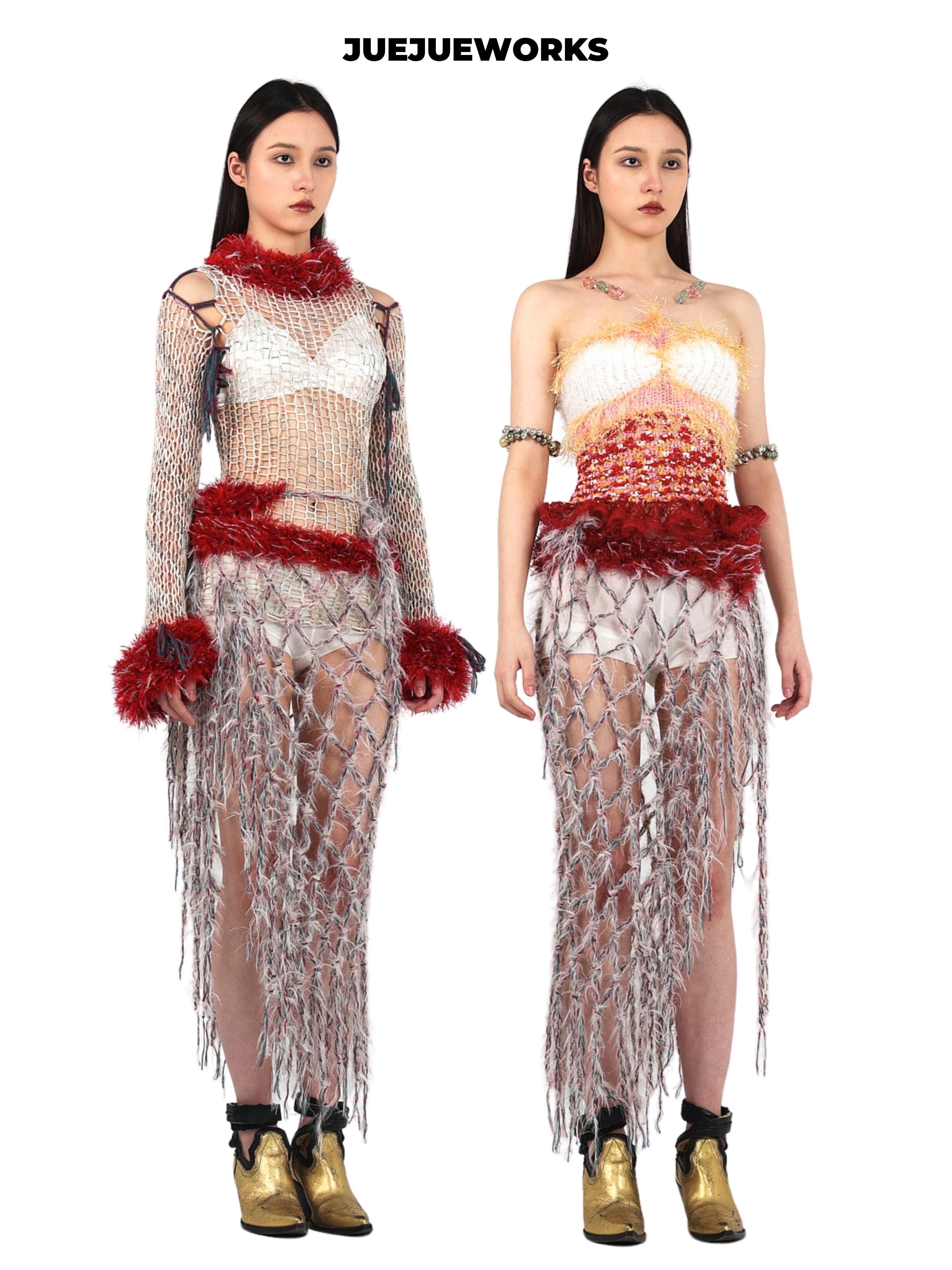 JUEJUEWORKS Original Red Mesh Knit Skirt, Pure Handmade Yarn Skirt for Spring Summer