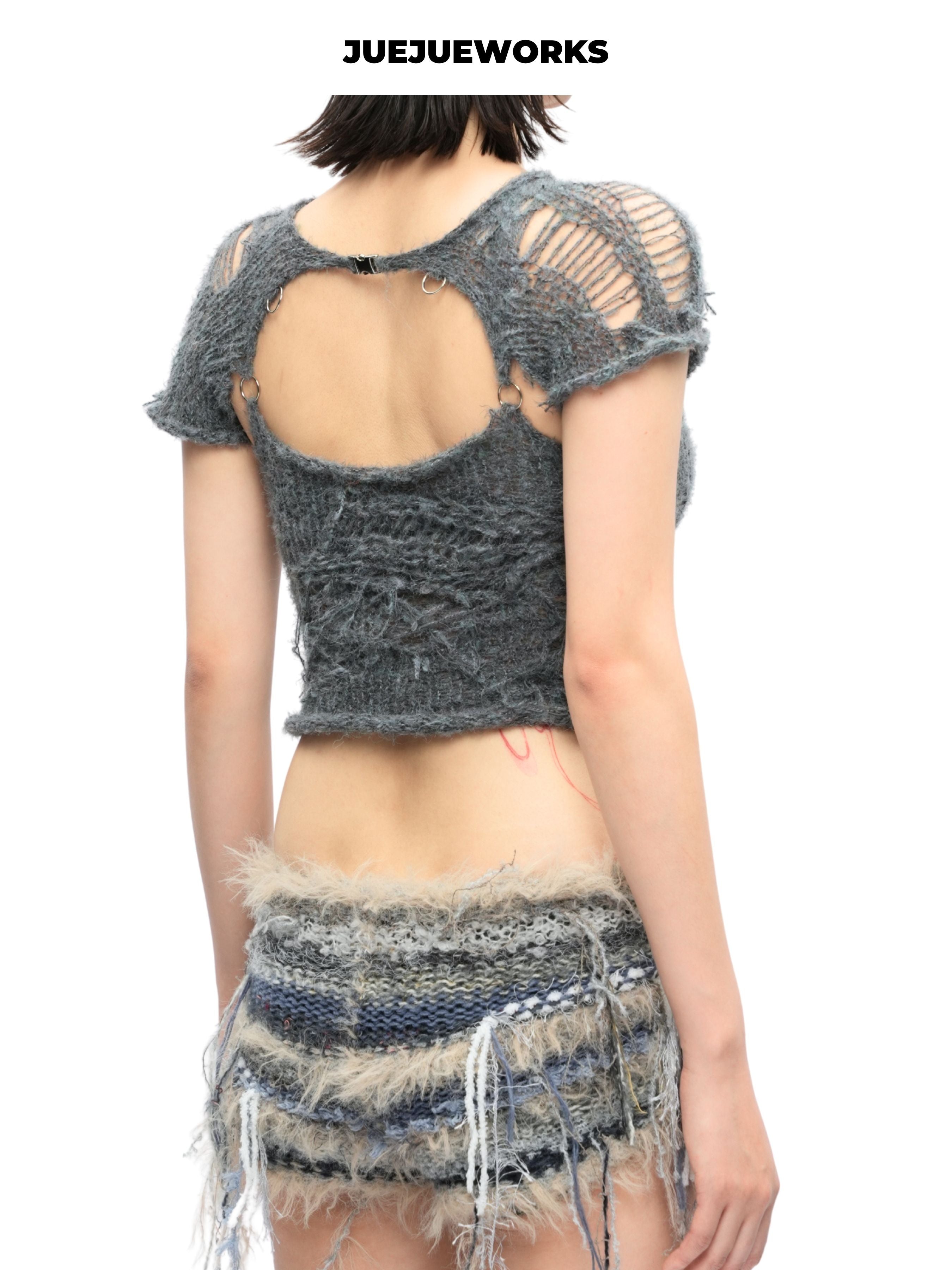 JUEJUEWORKS Grey Distressed Patchwork Cami Top, Summer High Stretch Adjustable Handmade Yarn Knit Camisole