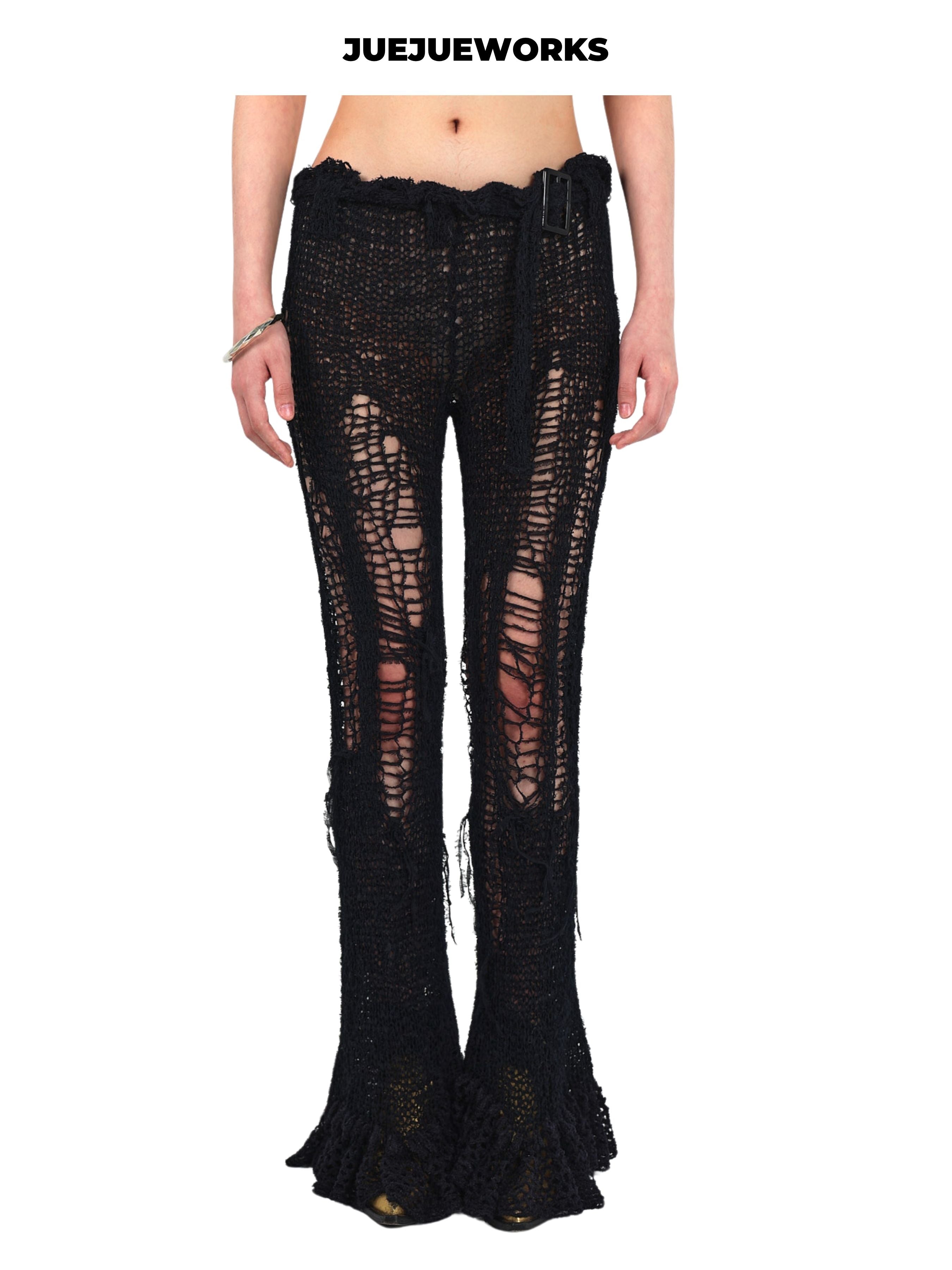 JUEJUEWORKS Original Slim Fit Black Ripped Knit Pants, Pure Handmade Acrylic Yarn Trousers