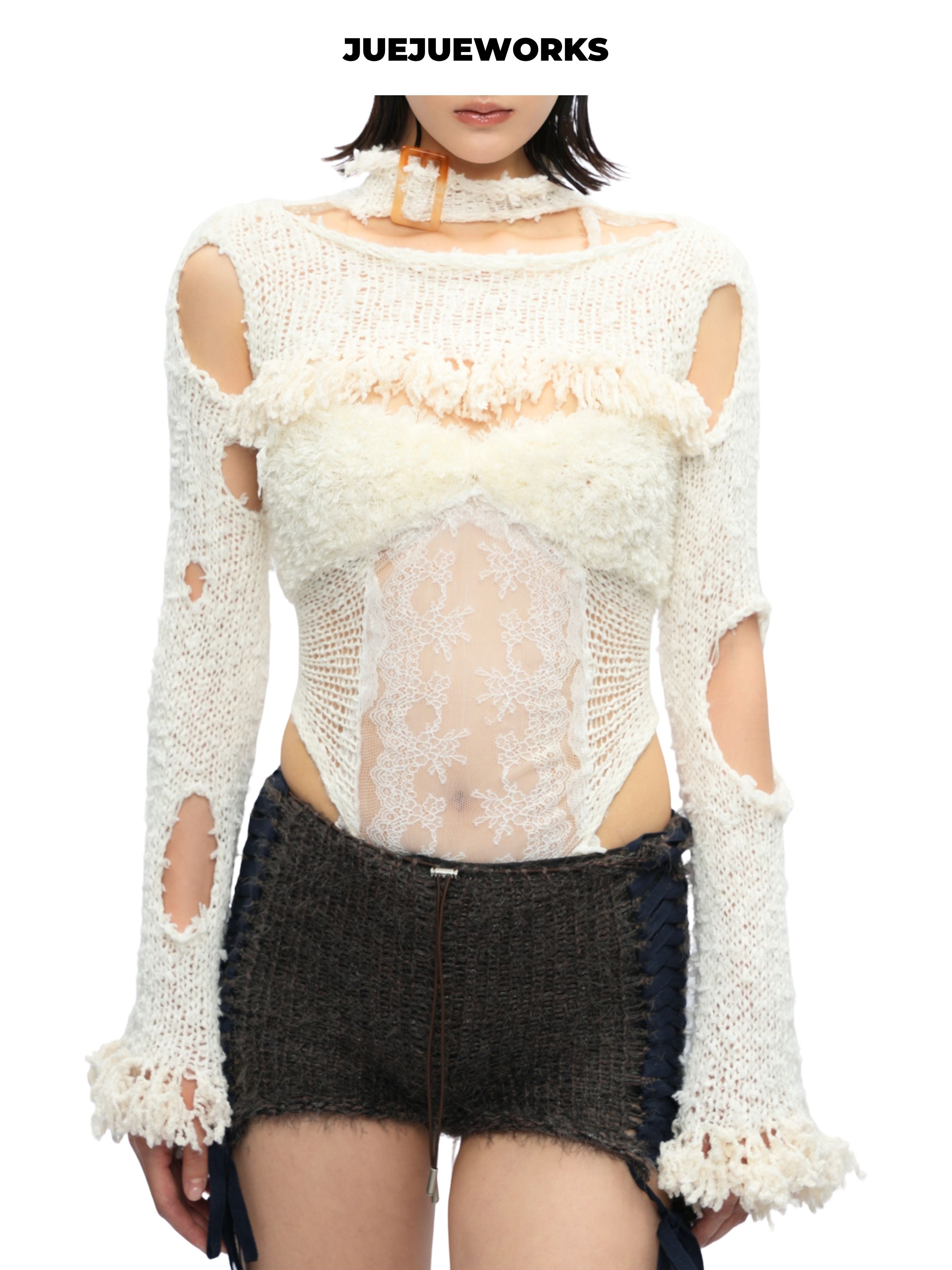 JUEJUEWORKS White Distressed Long Sleeve Shrug, Back Adjustable Handmade Yarn Knit Asymmetric Top