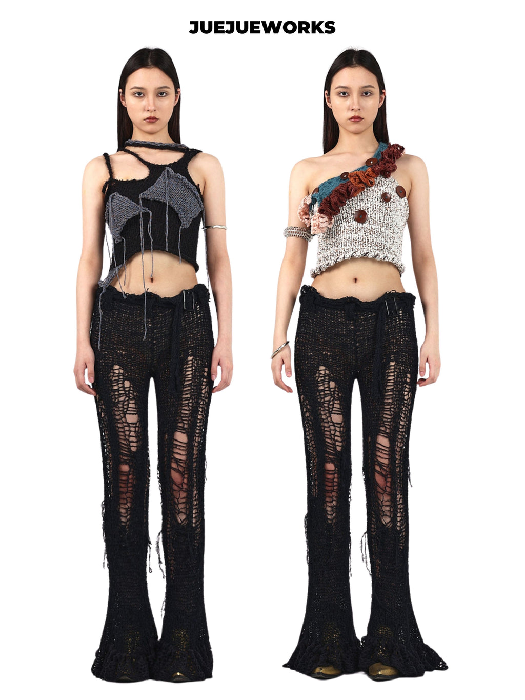 JUEJUEWORKS Original Slim Fit Black Ripped Knit Pants, Pure Handmade Acrylic Yarn Trousers