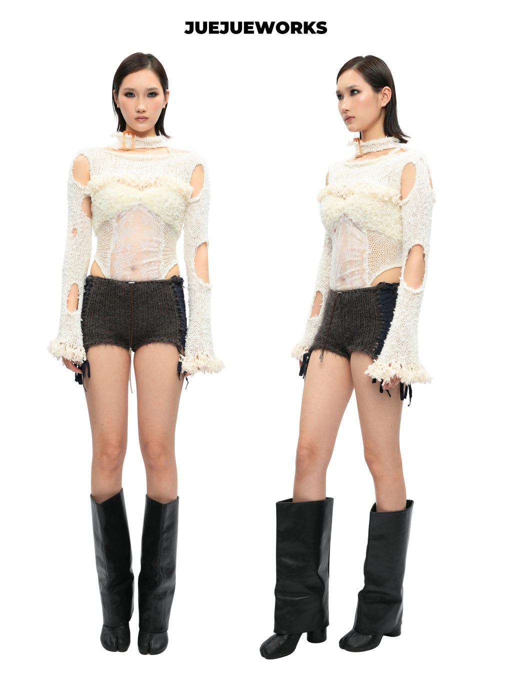 JUEJUEWORKS White Distressed Long Sleeve Shrug, Back Adjustable Handmade Yarn Knit Asymmetric Top