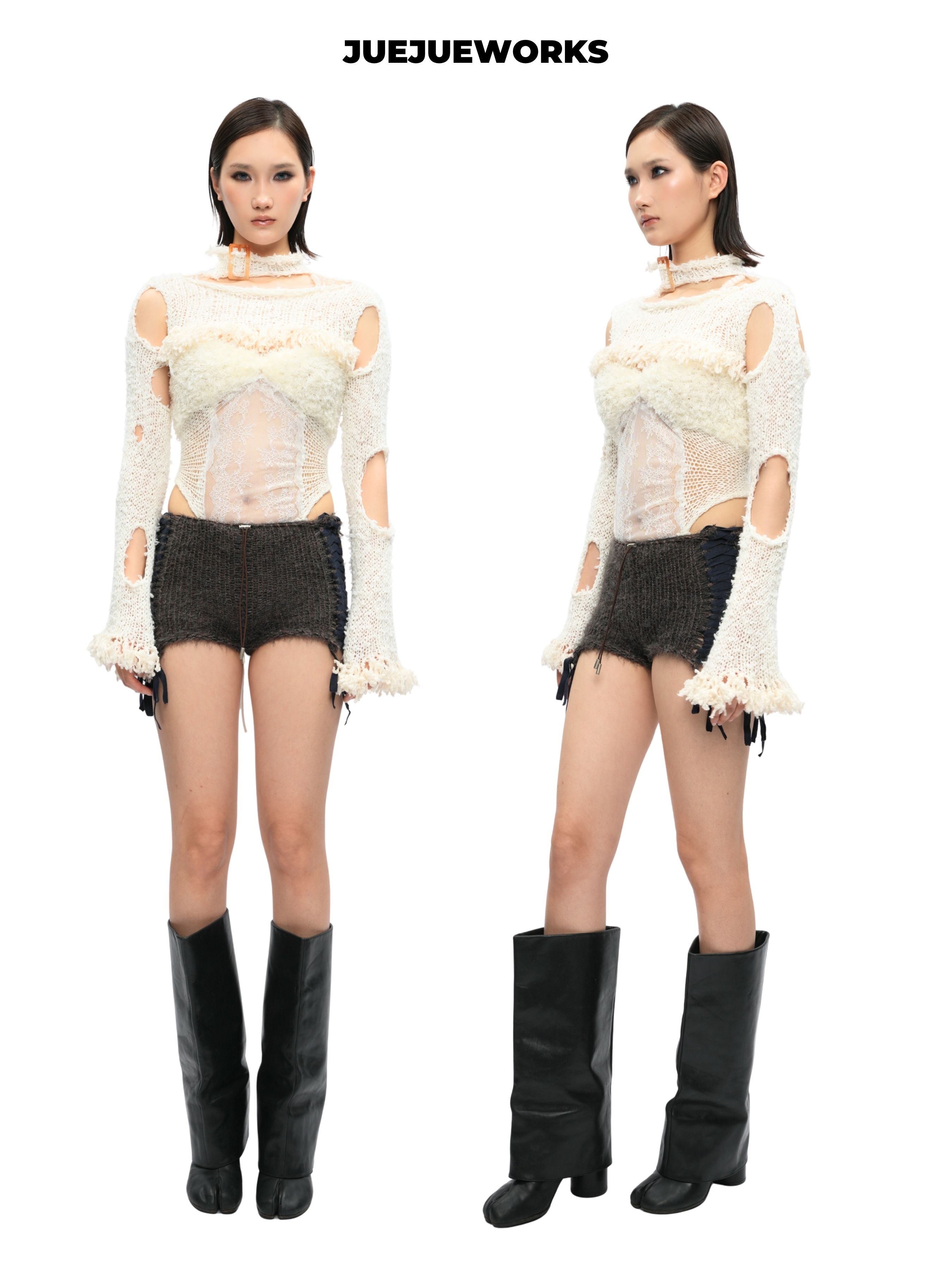JUEJUEWORKS White Distressed Long Sleeve Shrug, Back Adjustable Handmade Yarn Knit Asymmetric Top