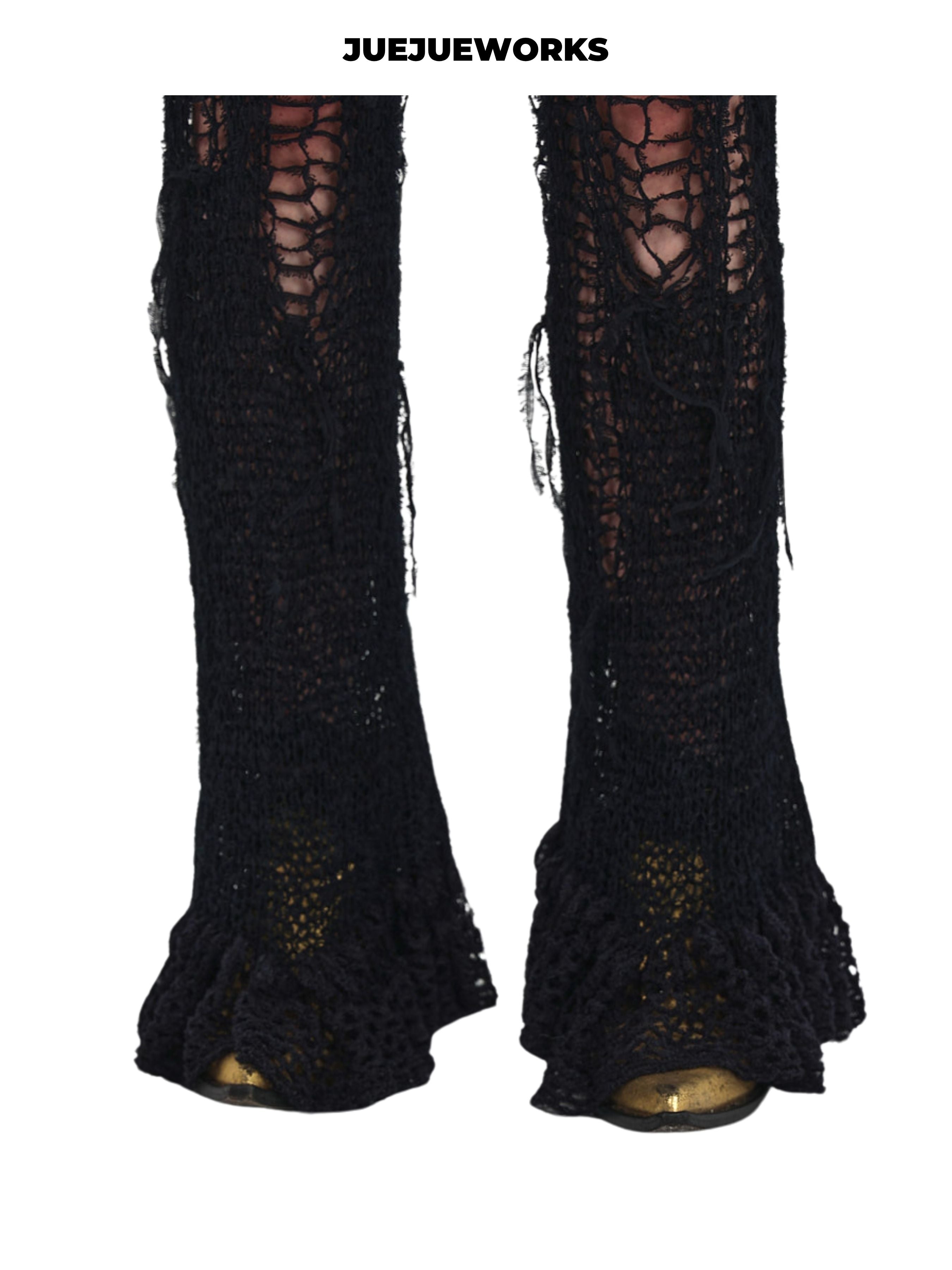 JUEJUEWORKS Original Slim Fit Black Ripped Knit Pants, Pure Handmade Acrylic Yarn Trousers