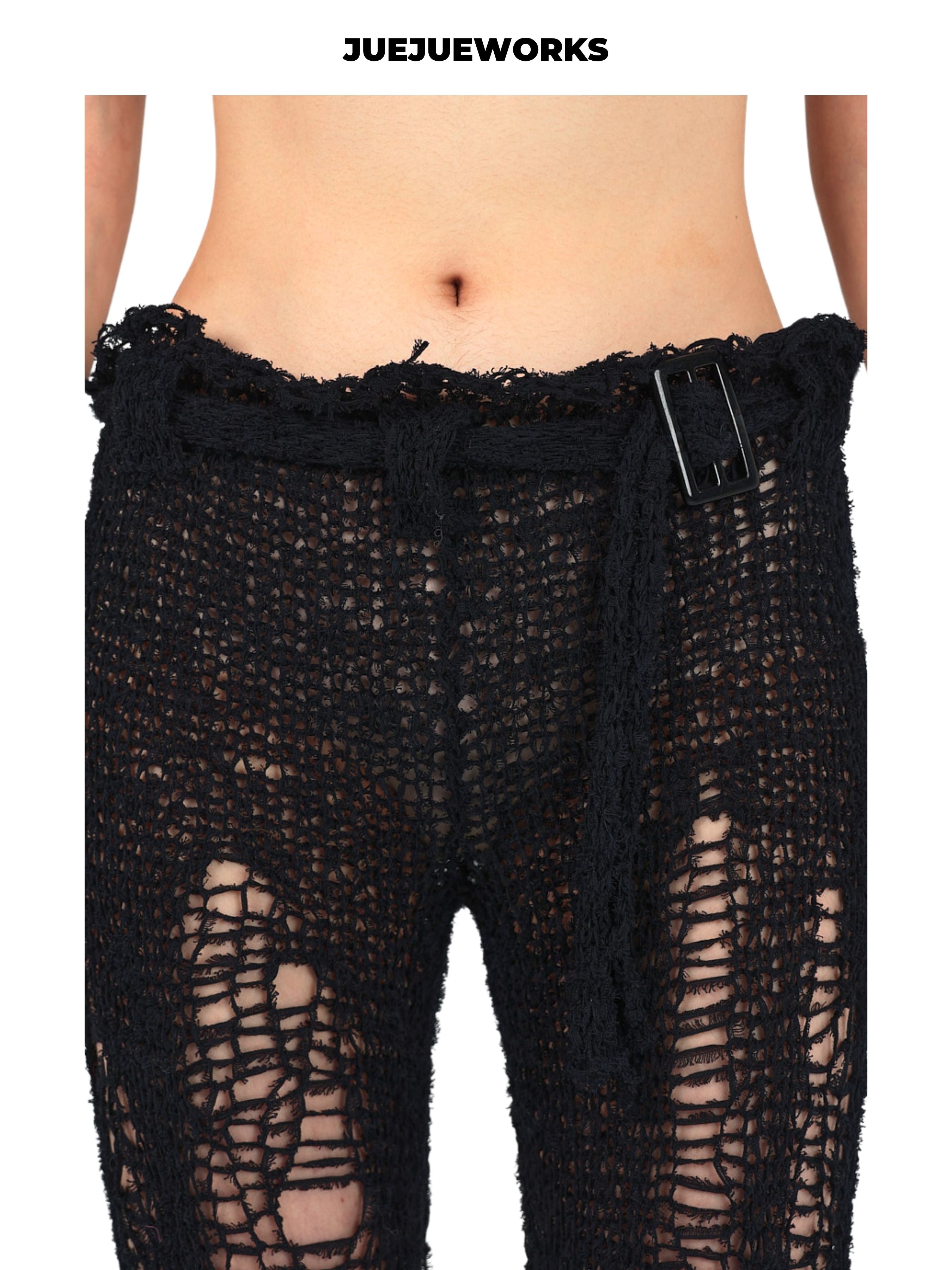 JUEJUEWORKS Original Slim Fit Black Ripped Knit Pants, Pure Handmade Acrylic Yarn Trousers