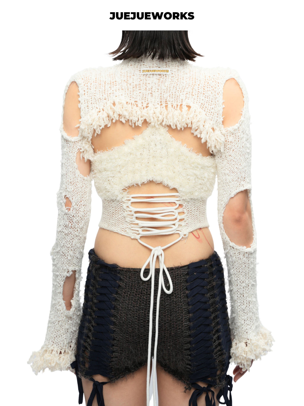 JUEJUEWORKS White Distressed Long Sleeve Shrug, Back Adjustable Handmade Yarn Knit Asymmetric Top