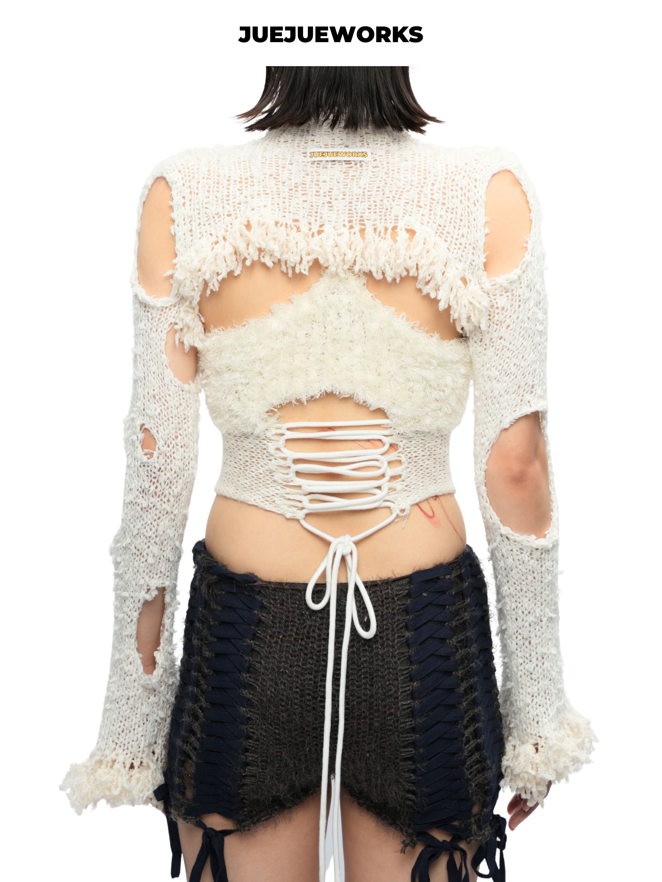 JUEJUEWORKS White Distressed Long Sleeve Shrug, Back Adjustable Handmade Yarn Knit Asymmetric Top