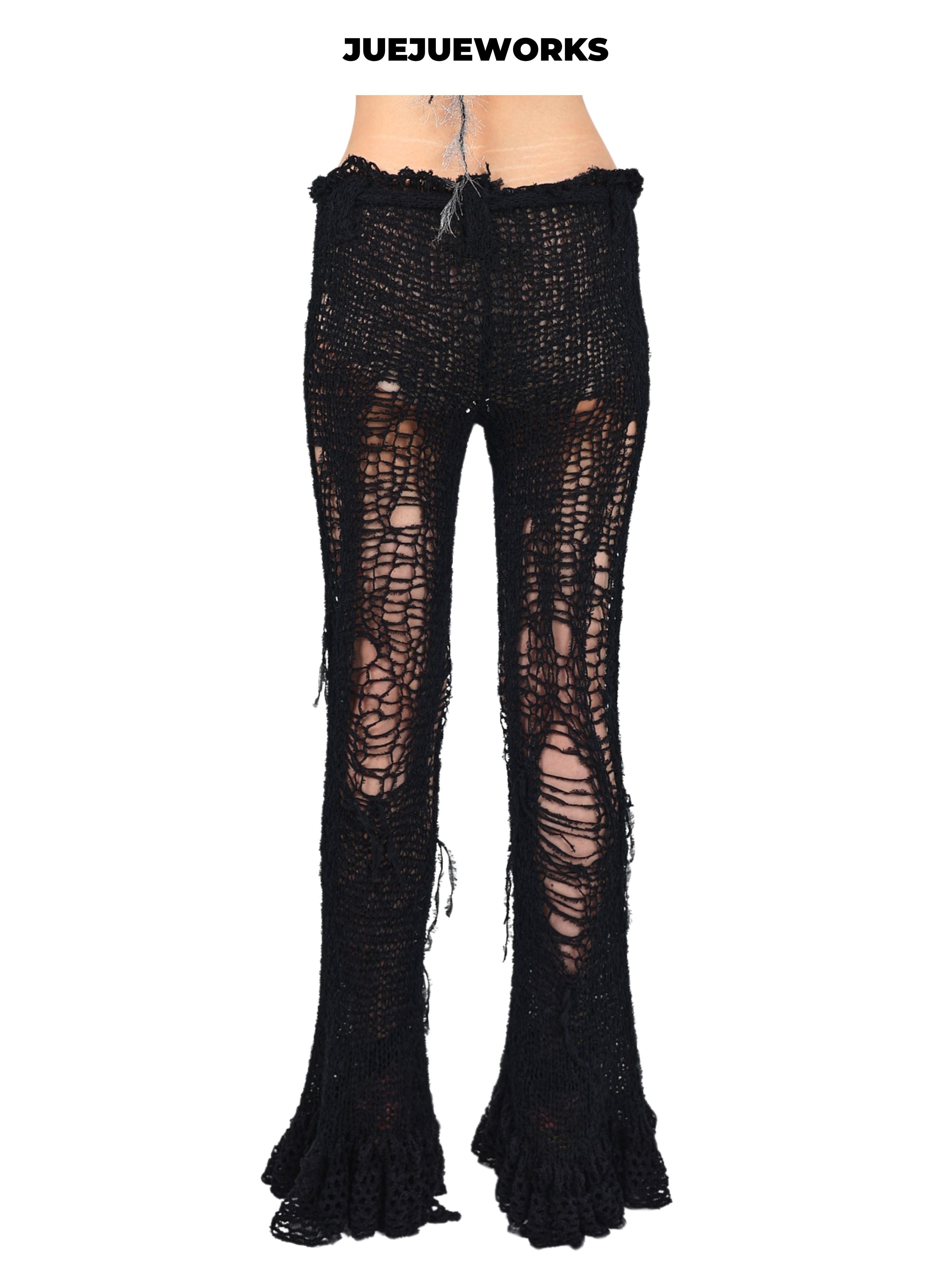 JUEJUEWORKS Original Slim Fit Black Ripped Knit Pants, Pure Handmade Acrylic Yarn Trousers