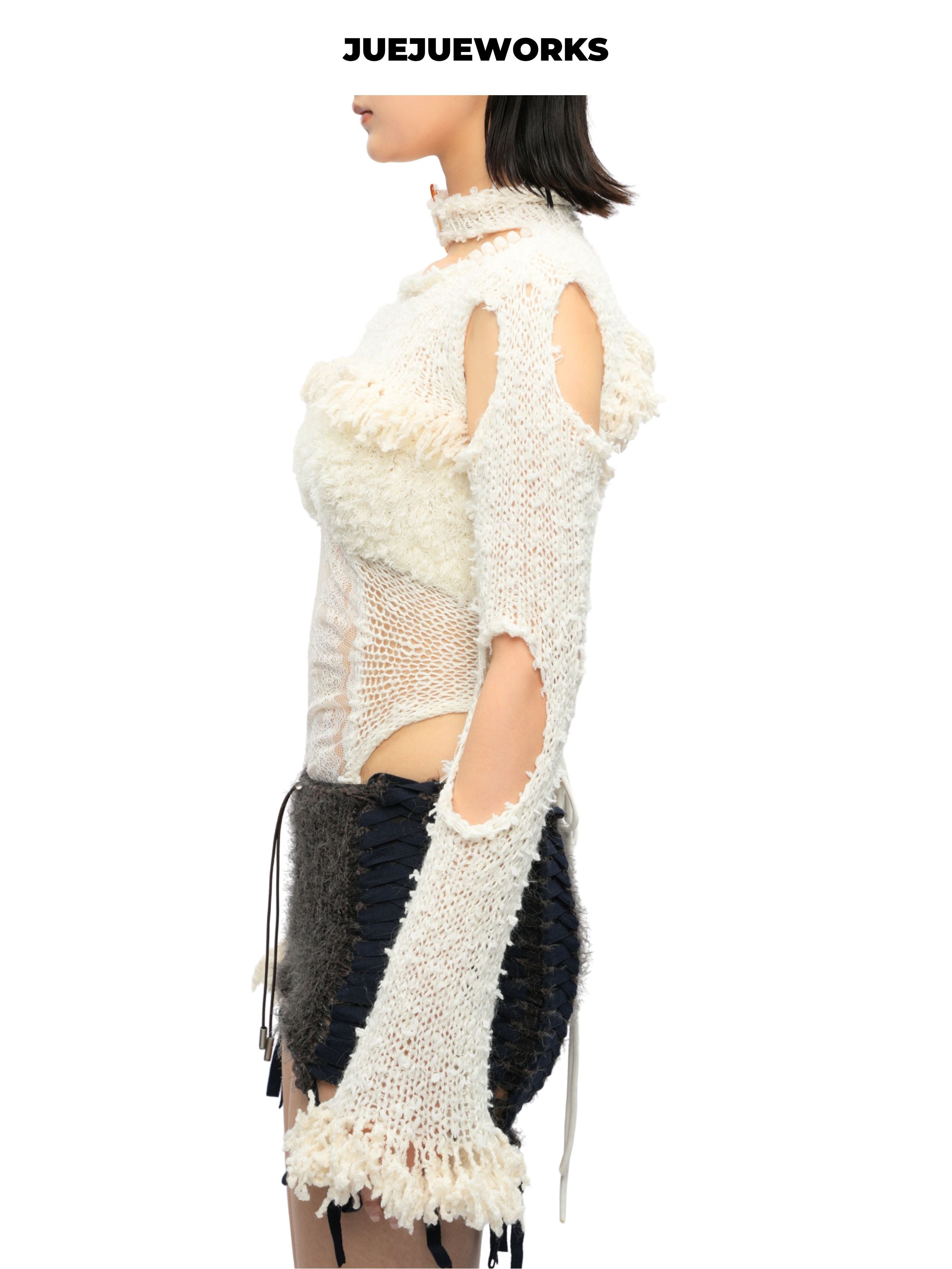 JUEJUEWORKS White Distressed Long Sleeve Shrug, Back Adjustable Handmade Yarn Knit Asymmetric Top