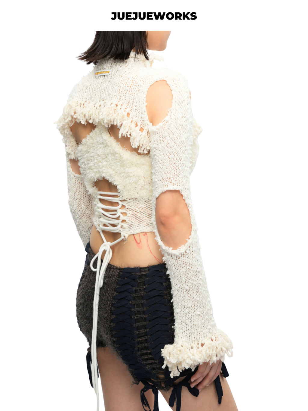JUEJUEWORKS White Distressed Long Sleeve Shrug, Back Adjustable Handmade Yarn Knit Asymmetric Top