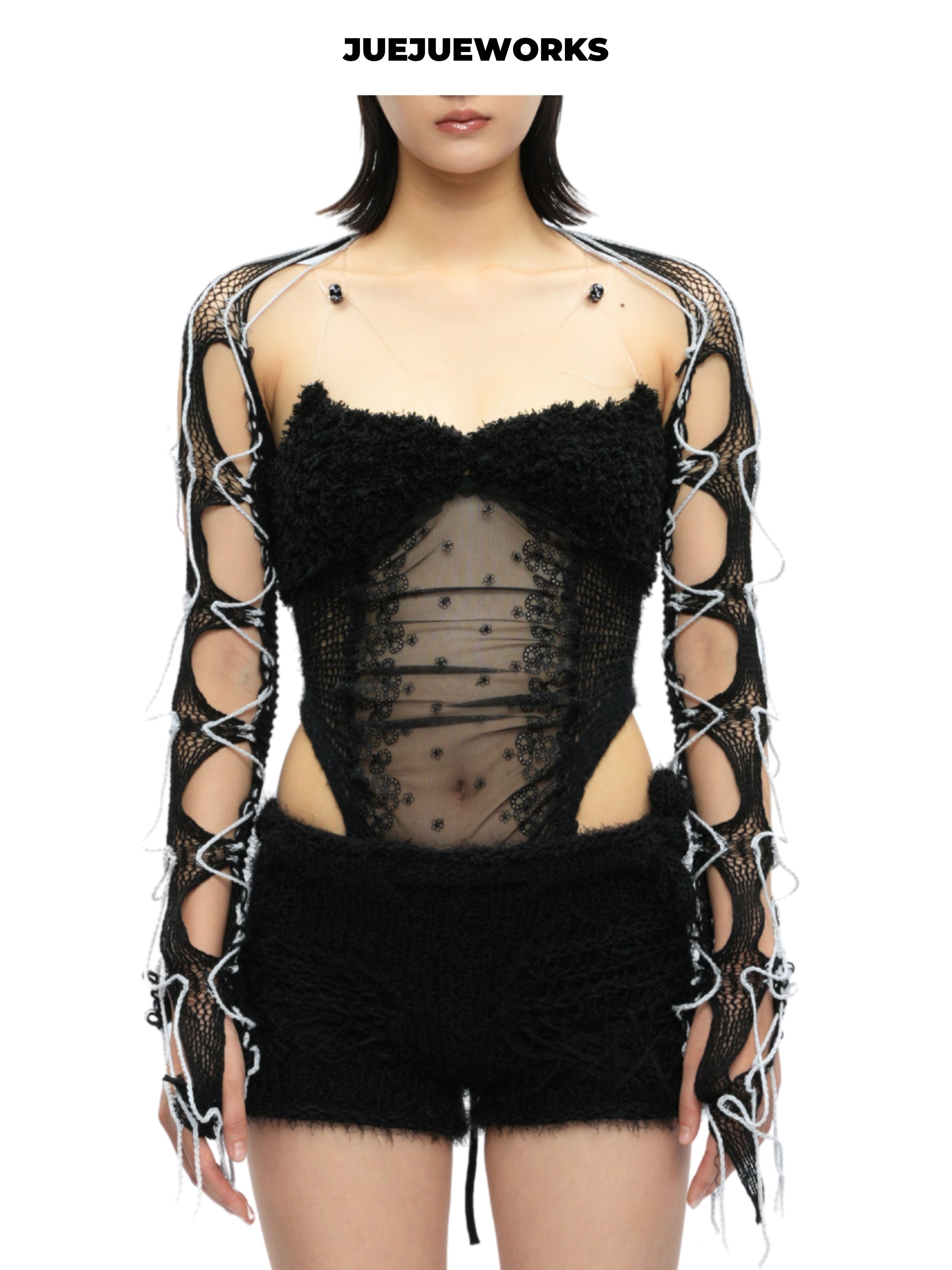 JUEJUEWORKS Black Arm Sleeves, Asymmetric Long Sleeves, Adjustable Cuffs, Original Handmade Yarn Knit