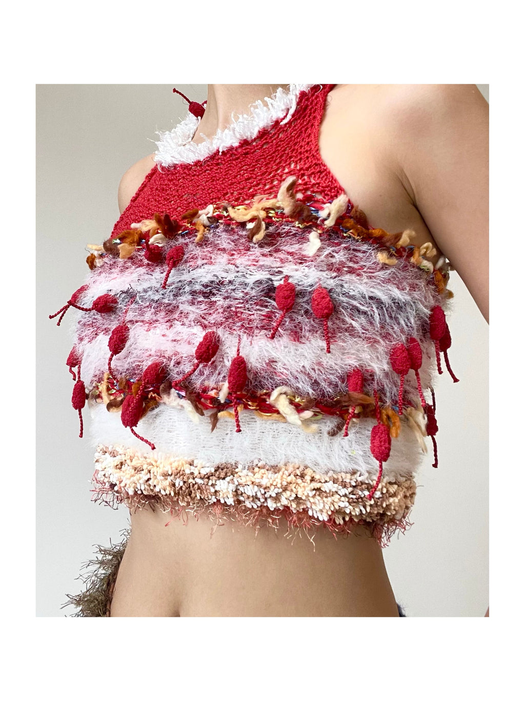 JUEJUEWORKS Tanghulu Fuzzy Collar Knit Tank Top, Patchwork Fringed Cropped Handmade Knit Cami