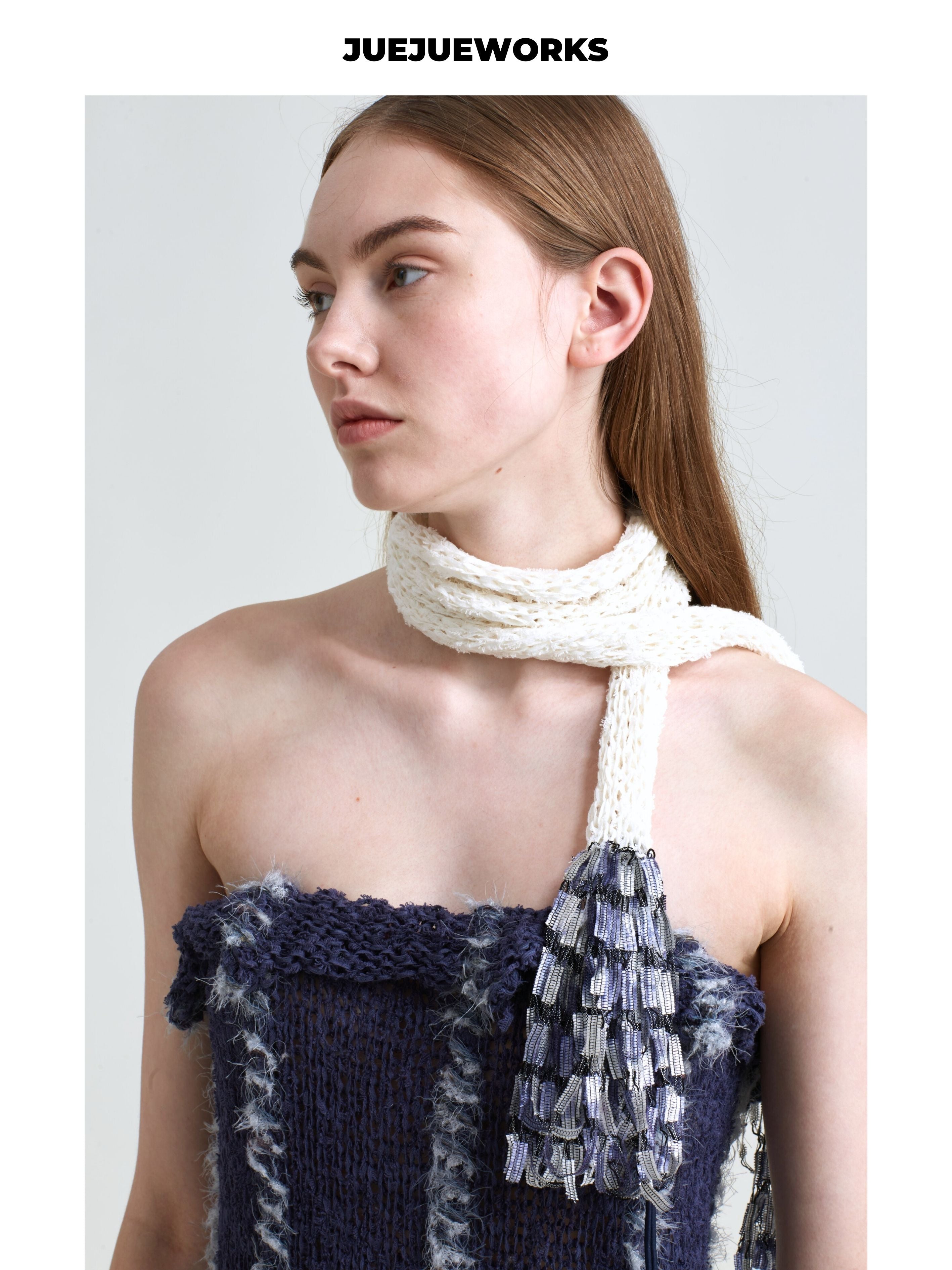 JUEJUEWORKS Dark Blue Frayed Fringe Knit Midi Skirt, Strapless Hollow Out Handmade Knit Body Skirt