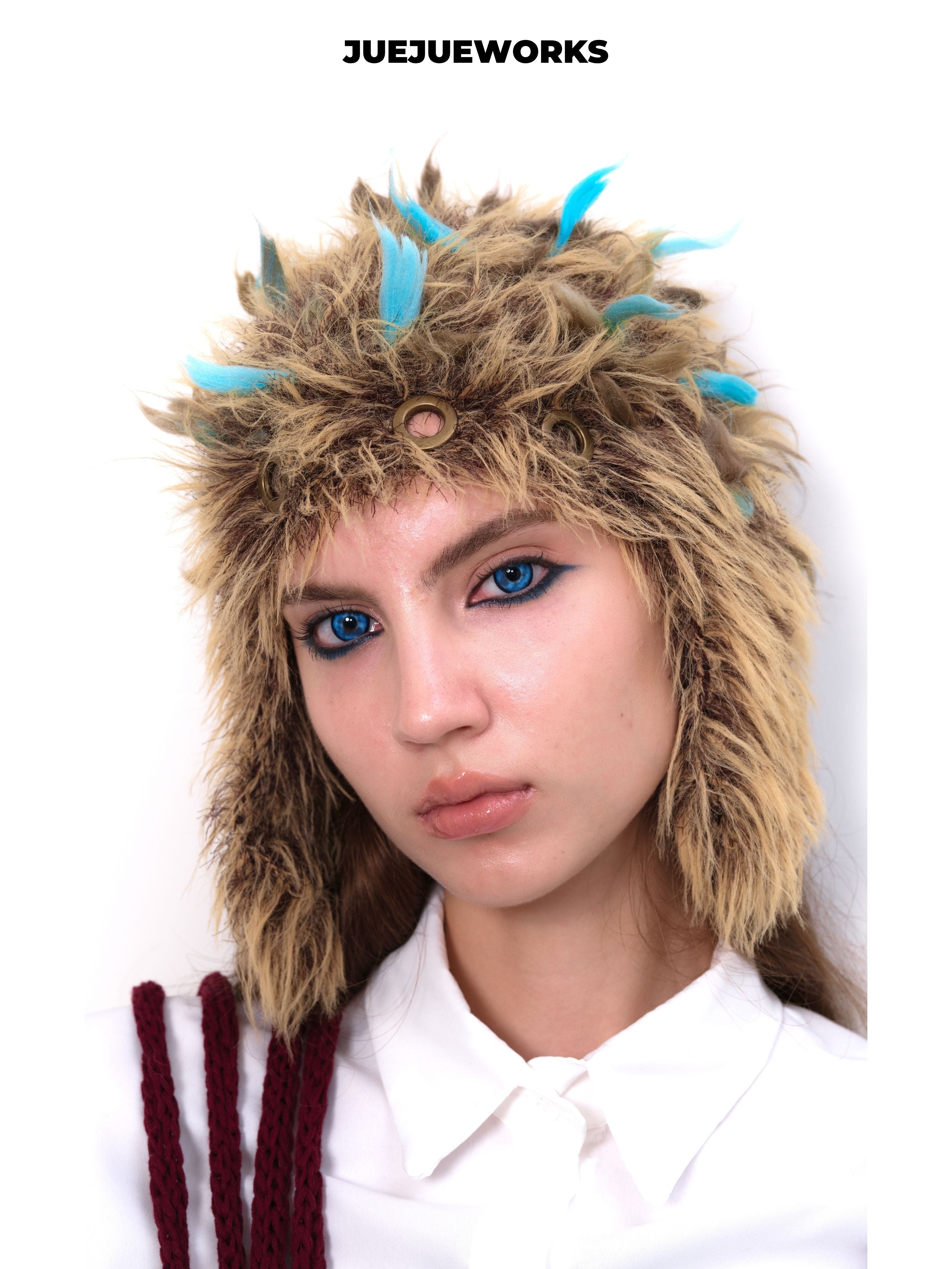 JUEJUEWORKS Brown Fluffy Ear Hat, Stylish Fuzzy Warm Earflap Hat, High-Stretch Handmade Yarn Knit