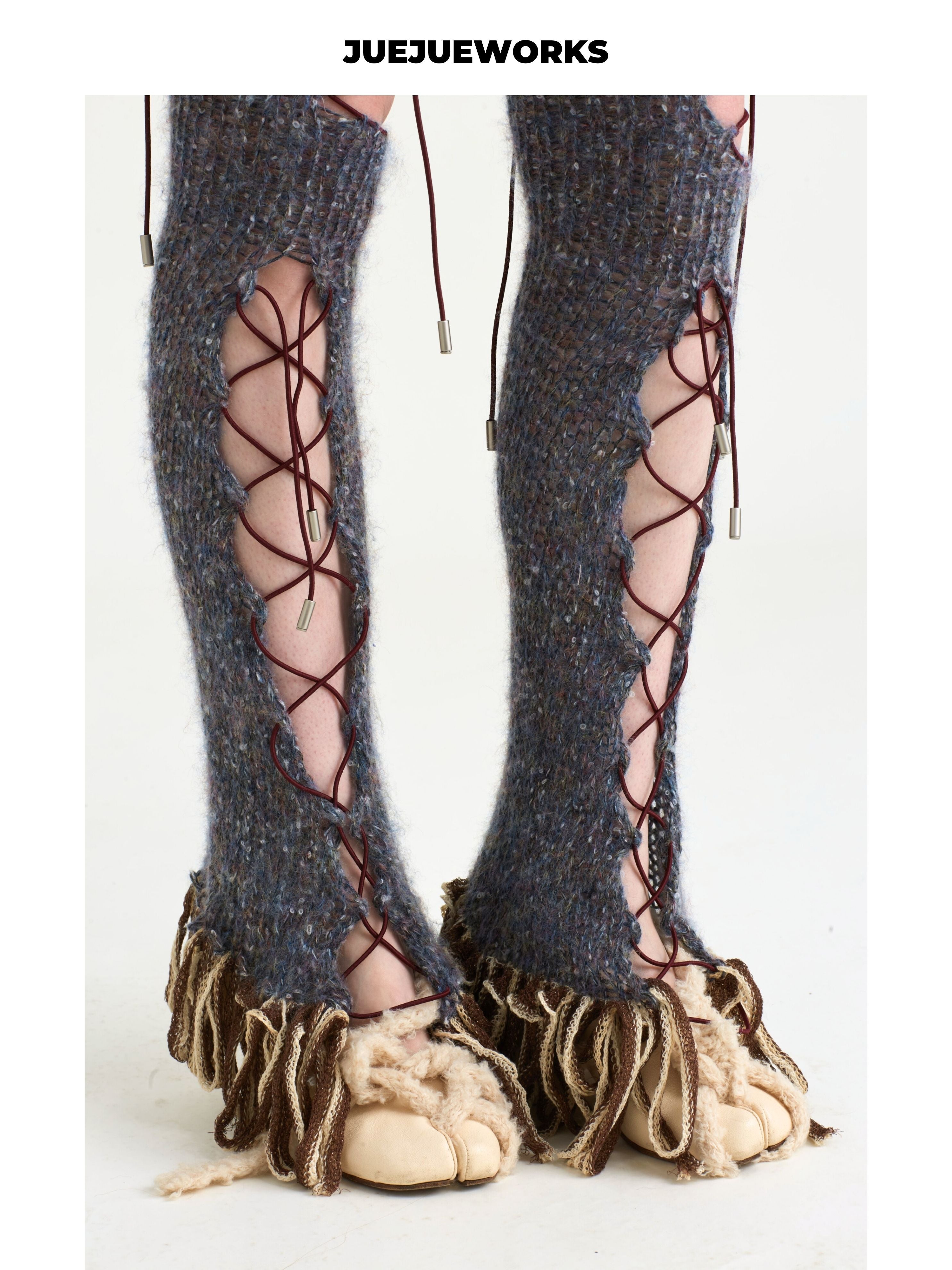 JUEJUEWORKS Crisscross Lace-Up Adjustable Cutout Knit Leg Warmers, Original Handmade Distressed Yarn Knit