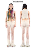 JUEJUEWORKS White Ripped Knit Pants,High Elastic Breathable Slim Fit 100% Hand-Knit Wool Knit Trousers