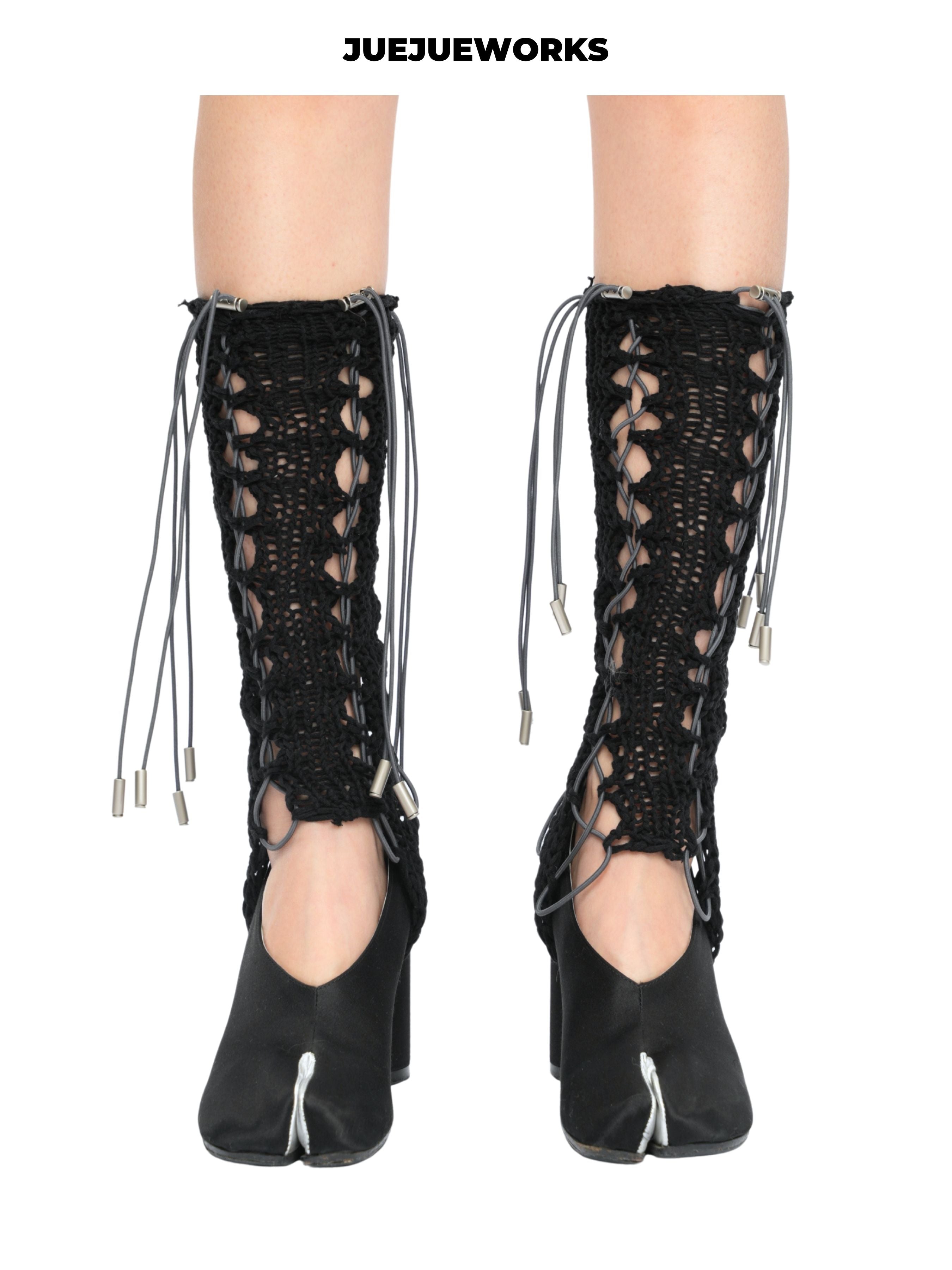 JUEJUEWORKS Black Mid-Calf Leg Warmers, Original Handmade, High Stretch Spliced Yarn Knit, Versatile Matching