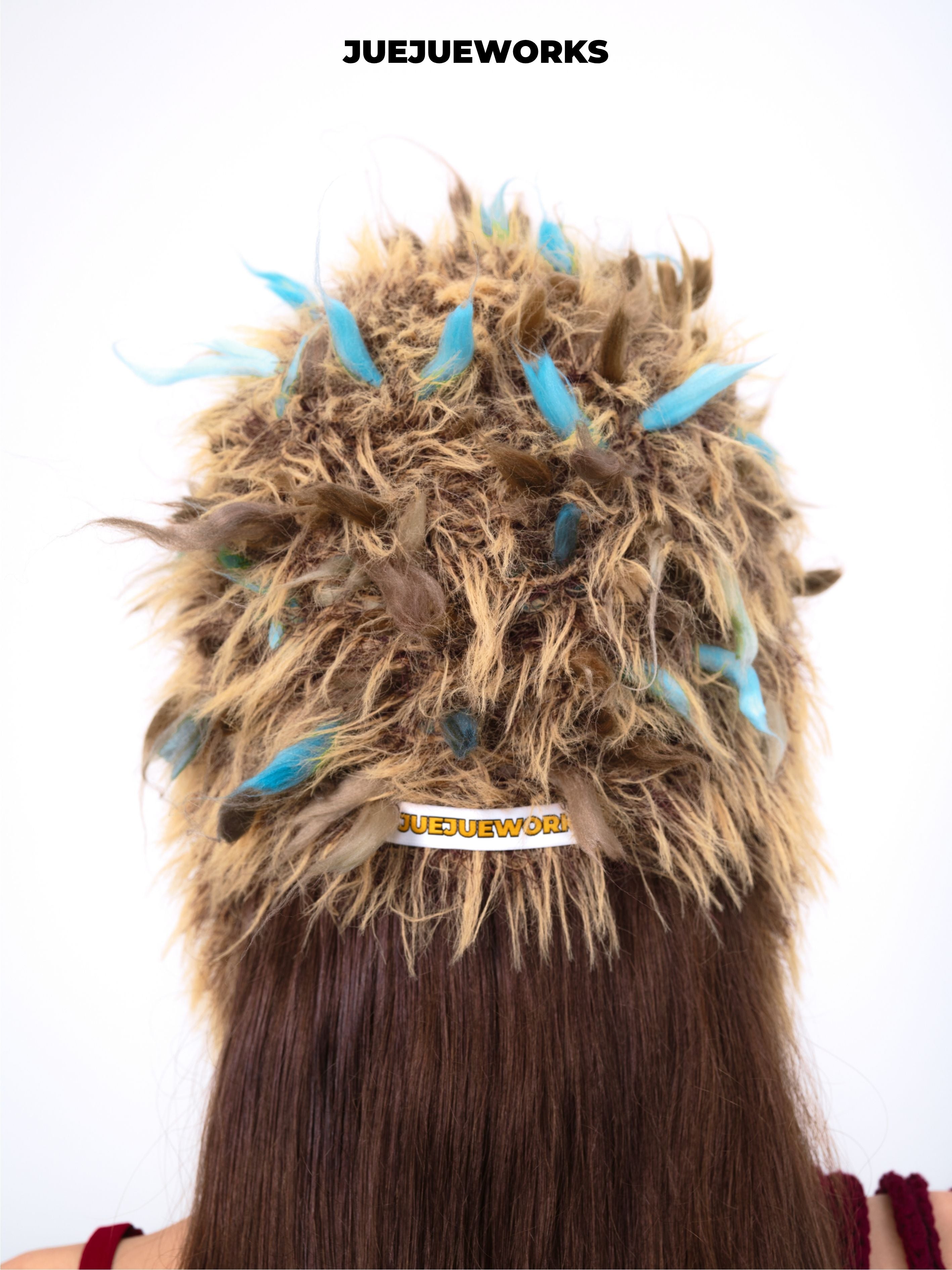 JUEJUEWORKS Brown Fluffy Ear Hat, Stylish Fuzzy Warm Earflap Hat, High-Stretch Handmade Yarn Knit