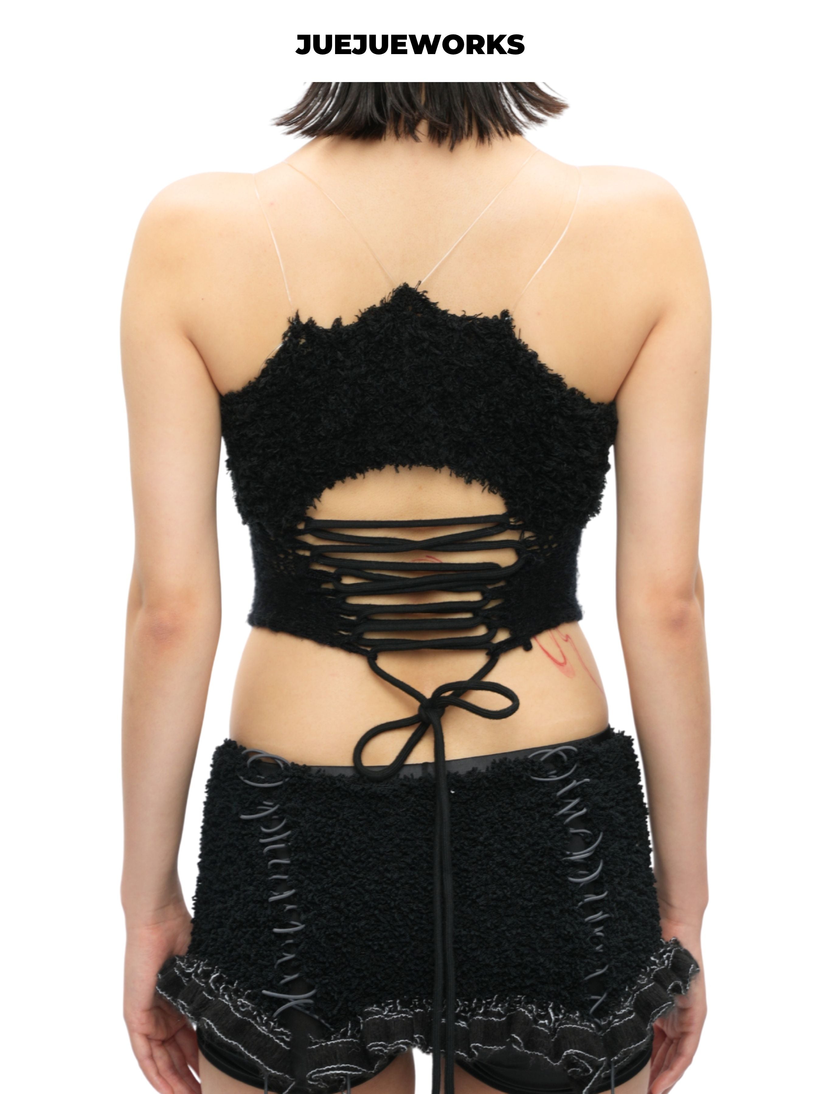 JUEJUEWORKS Black Feather Knit Cami Top, Original Spring High Stretch Adjustable Handmade Yarn Knit Top