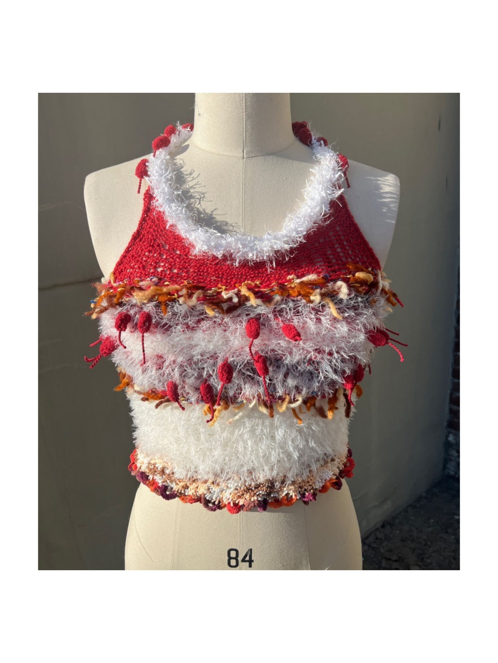 JUEJUEWORKS Tanghulu Fuzzy Collar Knit Tank Top, Patchwork Fringed Cropped Handmade Knit Cami