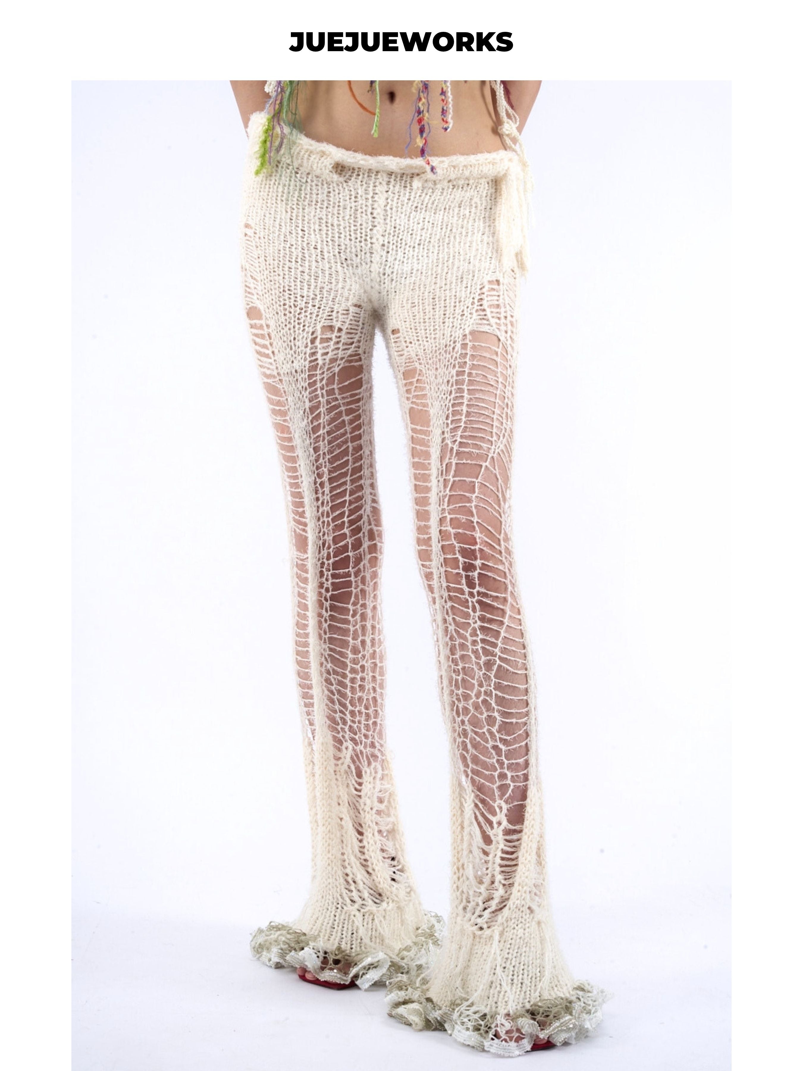 JUEJUEWORKS White Ripped Knit Pants,High Elastic Breathable Slim Fit 100% Hand-Knit Wool Knit Trousers