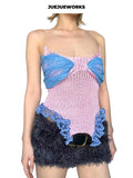 JUEJUEWORKS Pink Blue Mermaid Knit Cami, High Stretch Adjustable Handmade Yarn Knit Summer Crop Top